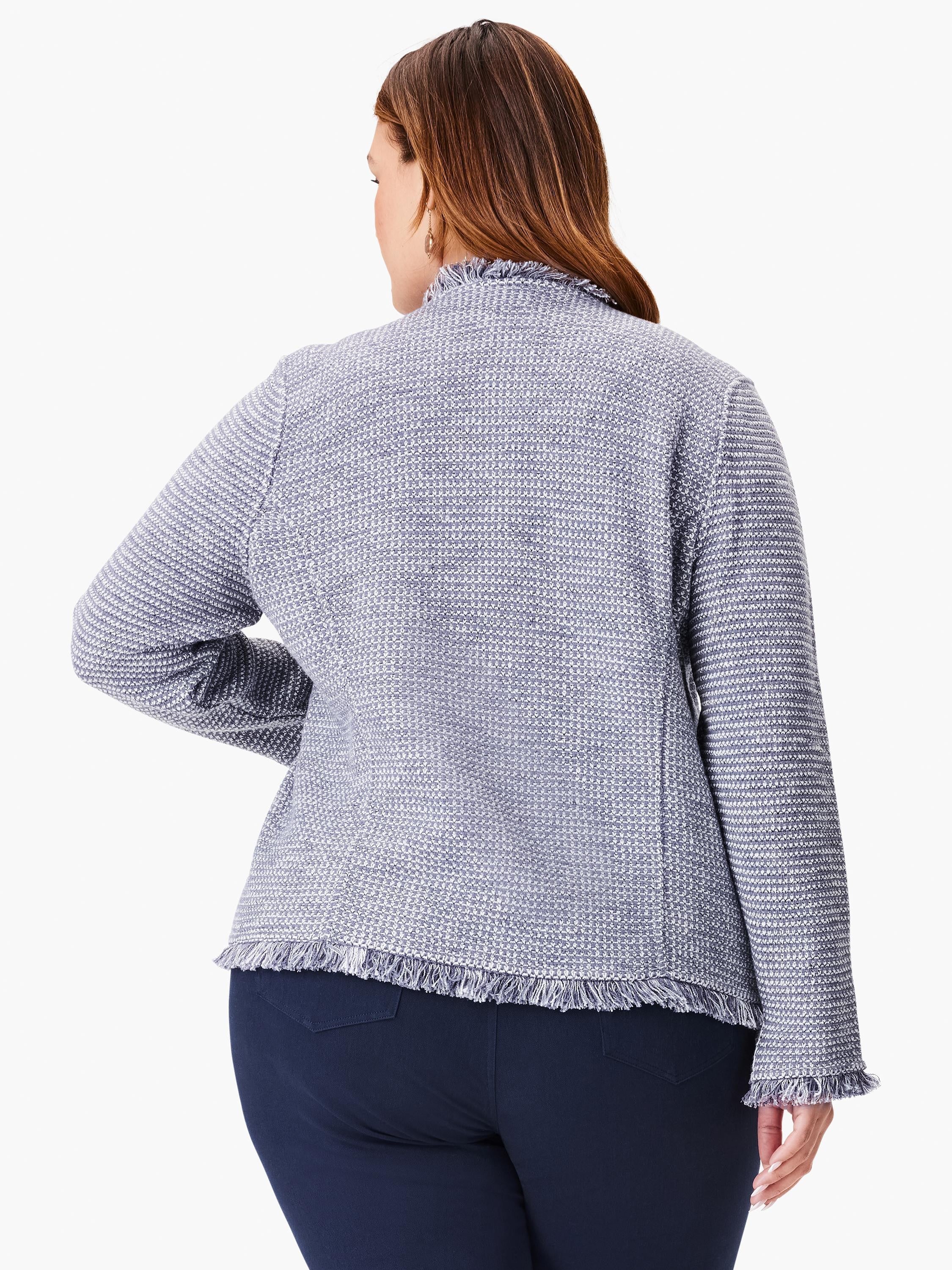 Textured light blue and white knit jacket with fringe along hem, collar, and cuffs. Back view.
