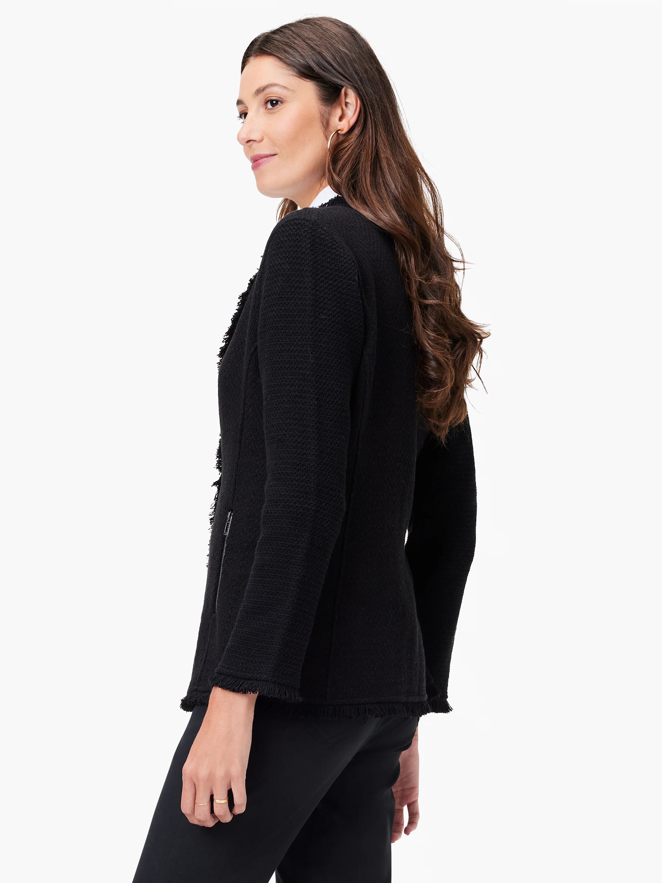 Black knit jacket with long fringe along the hem and neckline. The jacket has a textured weave and a zipper.
