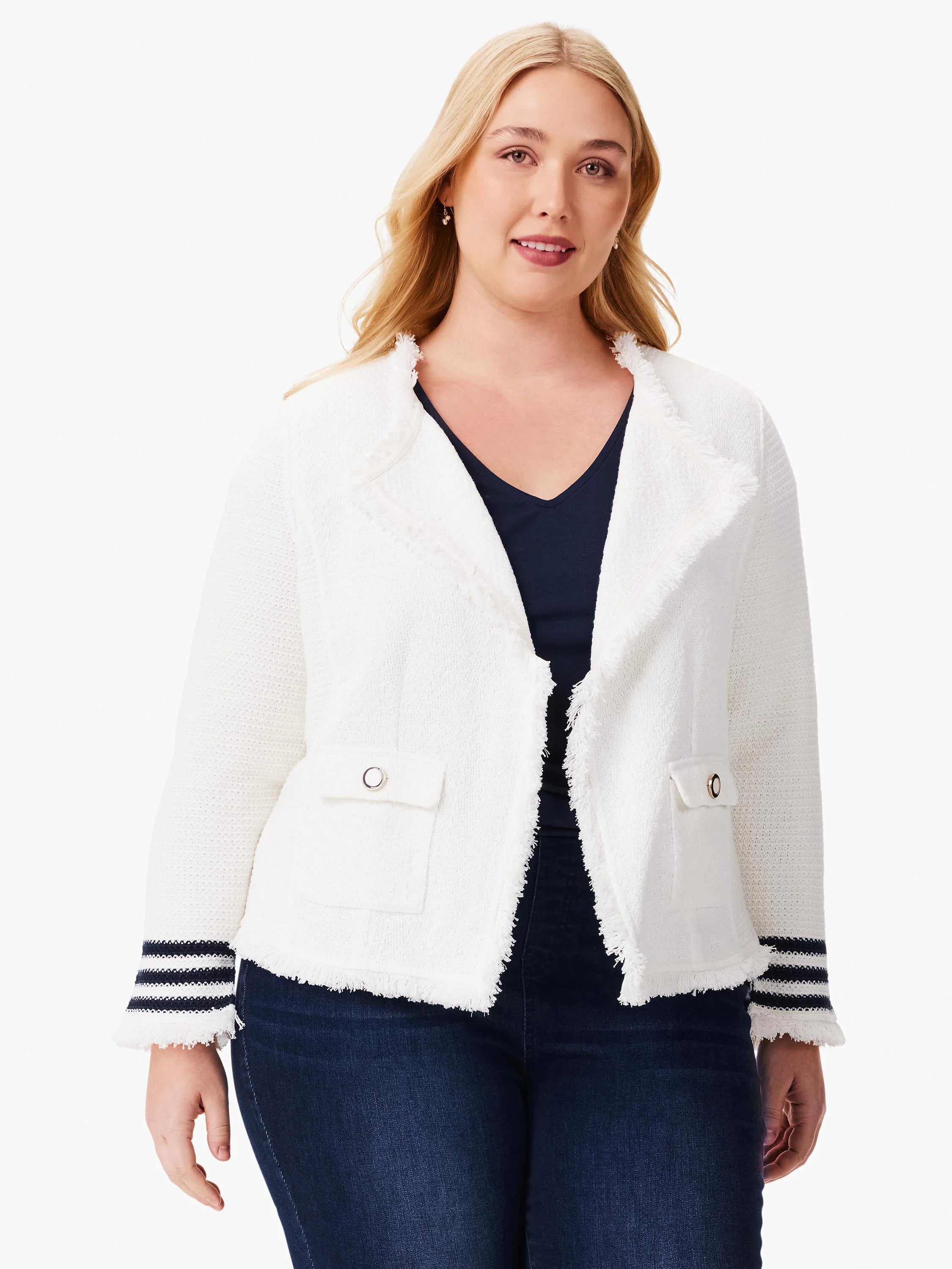 Off-white knit jacket with fringe trim, navy stripes on cuffs. Small pockets and open front.