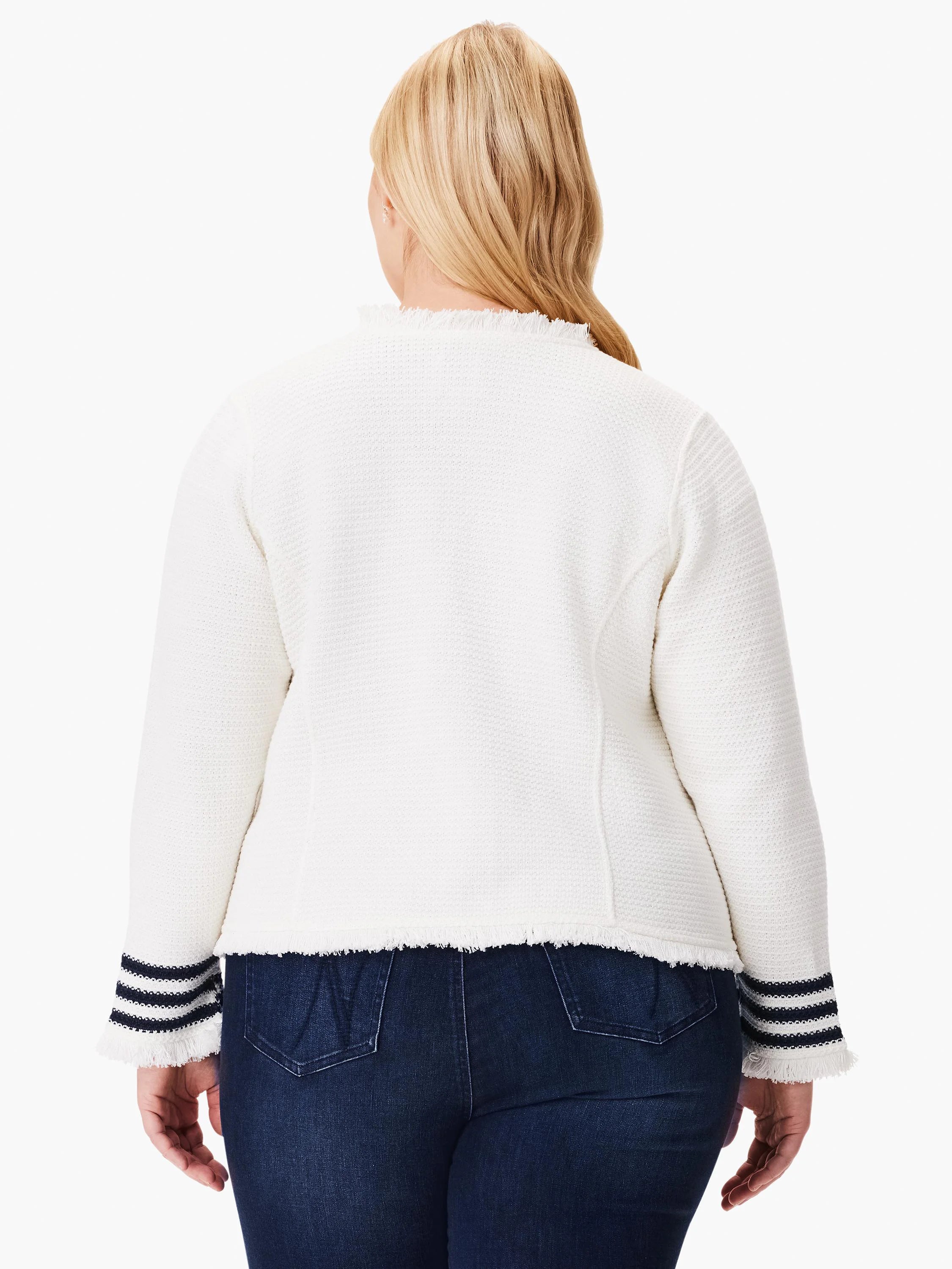 Off-white knit jacket with navy stripes on cuffs and frayed edges.