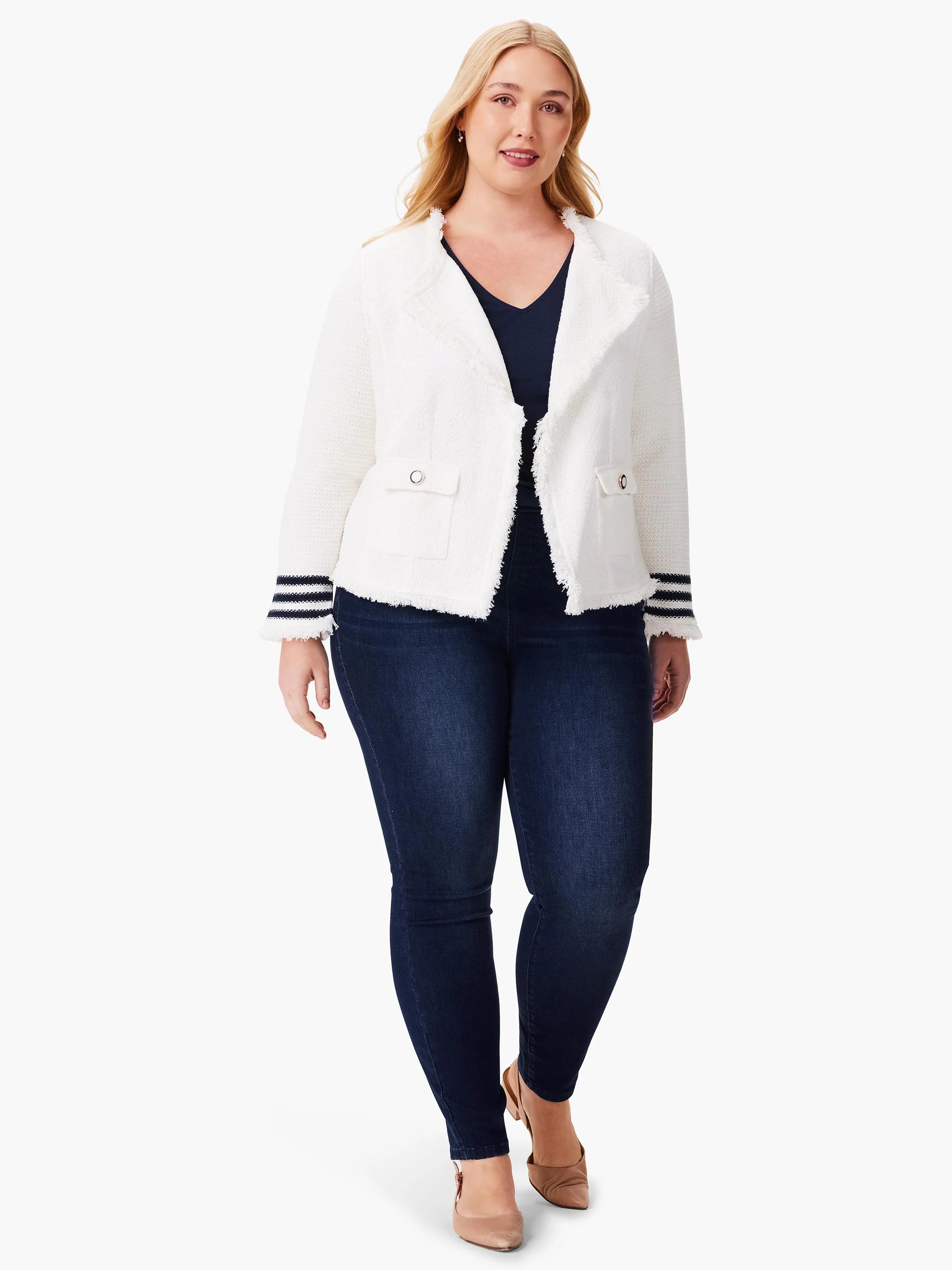 Off-white knit jacket with navy stripes on cuffs and frayed edges. Features small pockets and gold buttons.