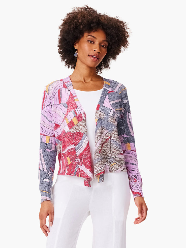 4-way cardigan in purple, pink, gray, and beige mosaic floral pattern. Open front, long sleeves.