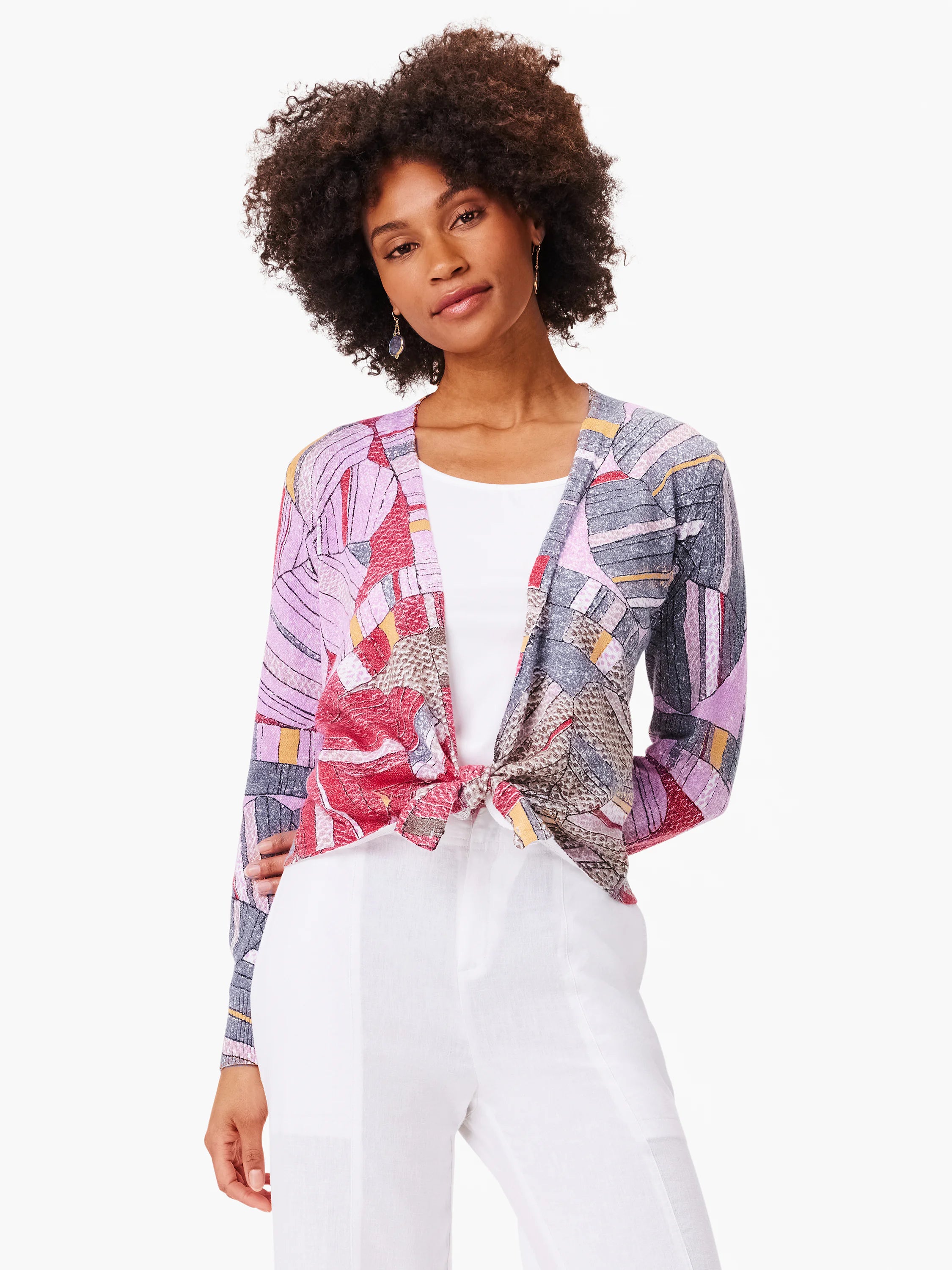 4-way cardigan; purple, red, gray, and beige abstract floral mosaic print.  Front ties at waist. Long sleeves.