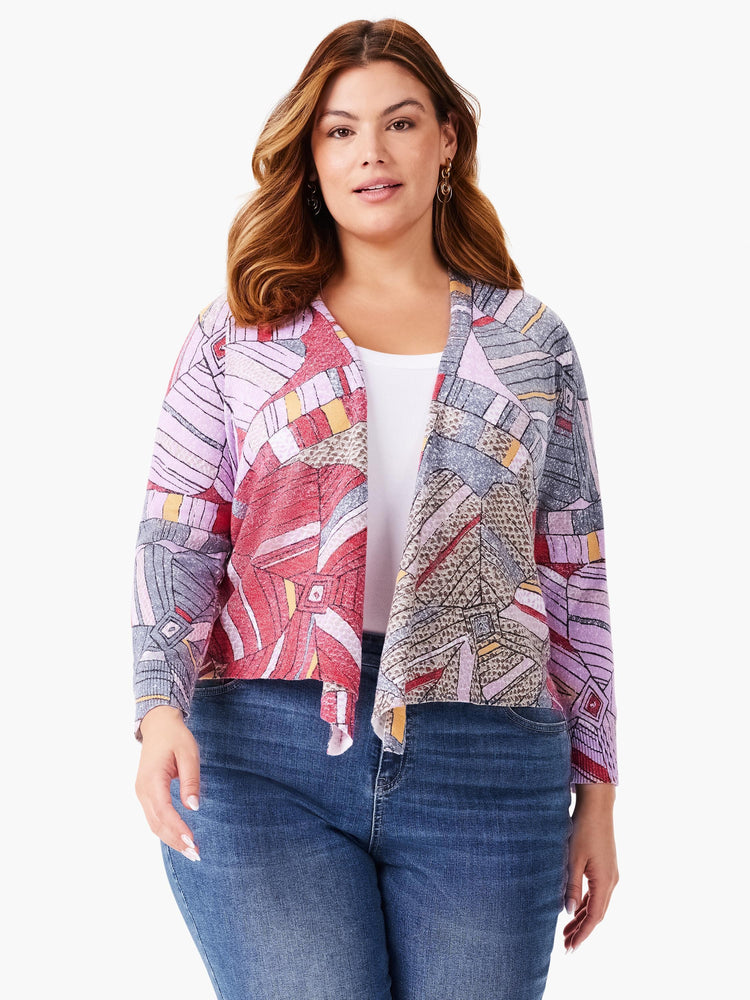 4-way cardigan with lavender, red, gray, and beige mosaic floral pattern. Open front, 3/4 sleeves.