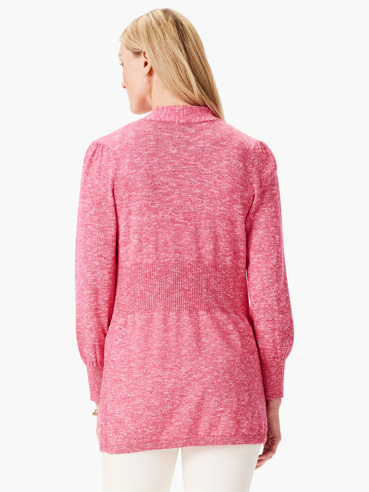 Pink heather knit cardigan, long sleeves, fitted waist. Back view.