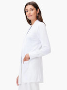 White open-front cardigan, long sleeves, ribbed detail at sides, and pockets.