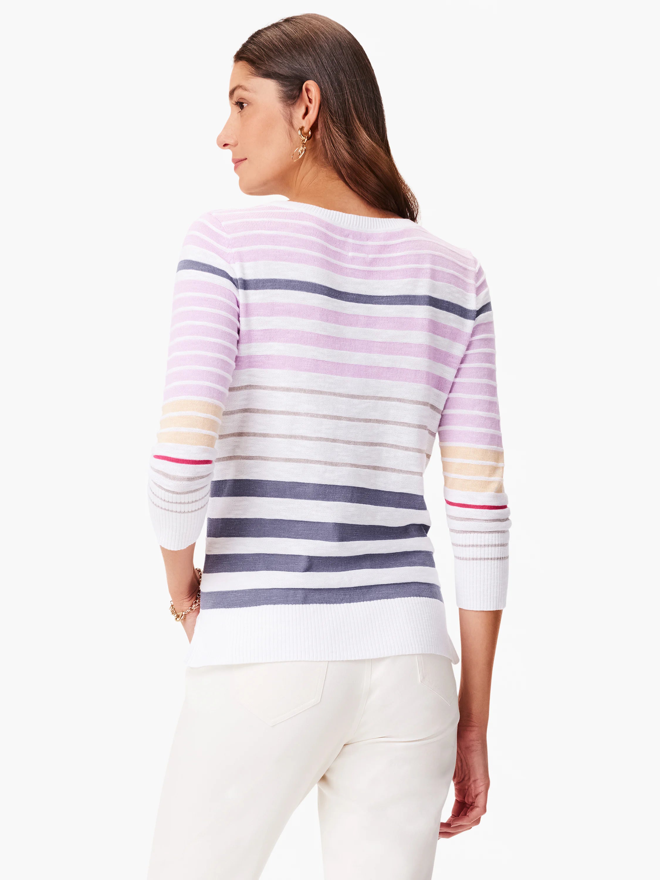 White sweater with horizontal stripes in lavender, gray, beige, and red. Three-quarter sleeves.