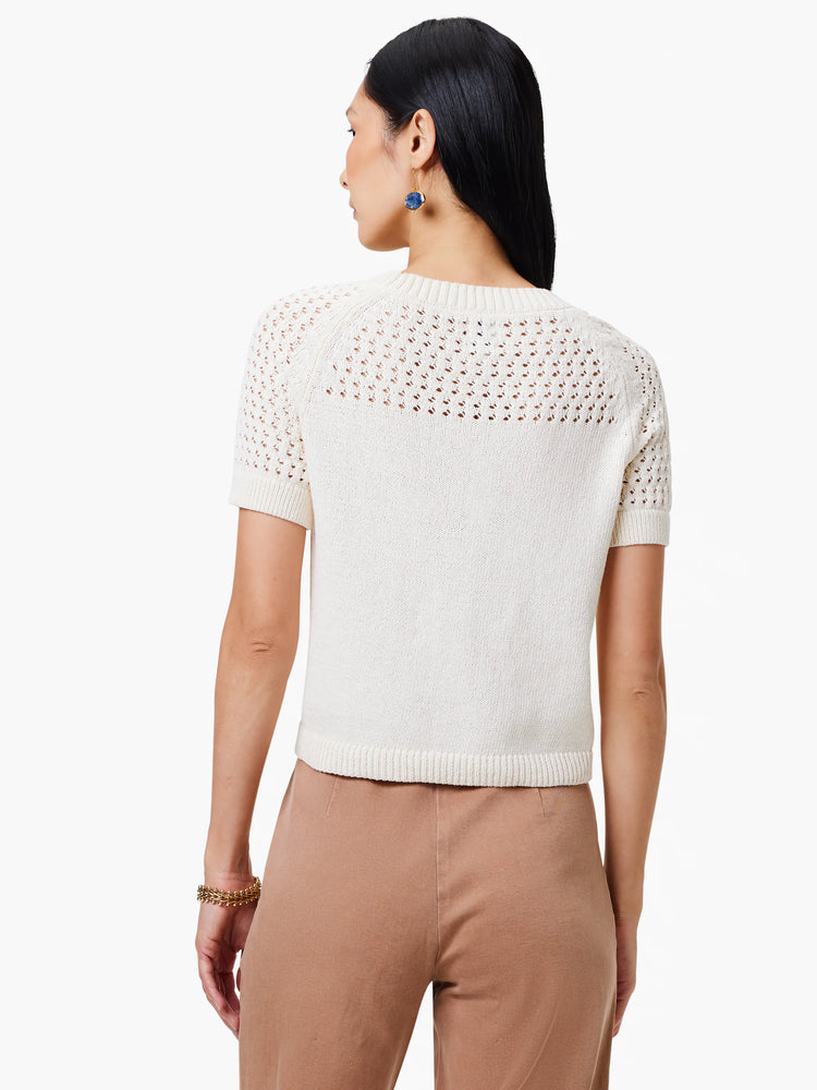 Off-white short-sleeve crochet sweater; open-weave detailing at shoulders and back. Rear view.