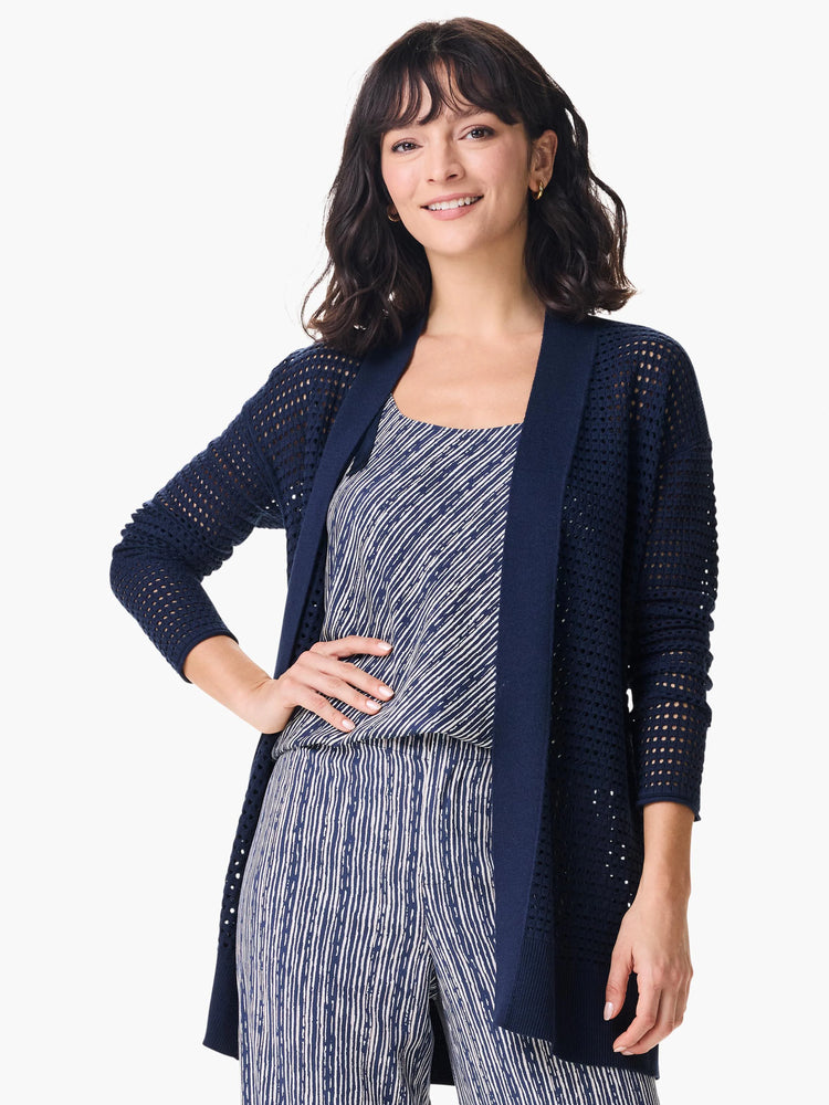 Navy blue open-front mesh cardigan. Long sleeves, open knit pattern.