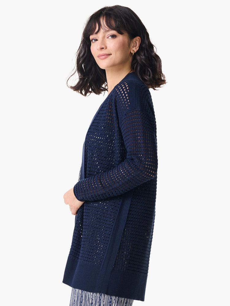 Navy blue mesh cardigan, open front, long sleeves, knit fabric. The mesh pattern is visible throughout.