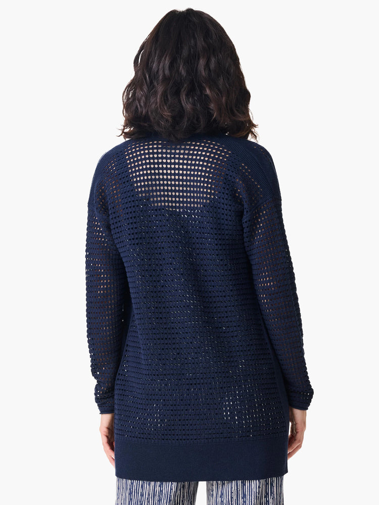 Navy blue mesh cardigan; open knit, long sleeves, and a ribbed hem.
