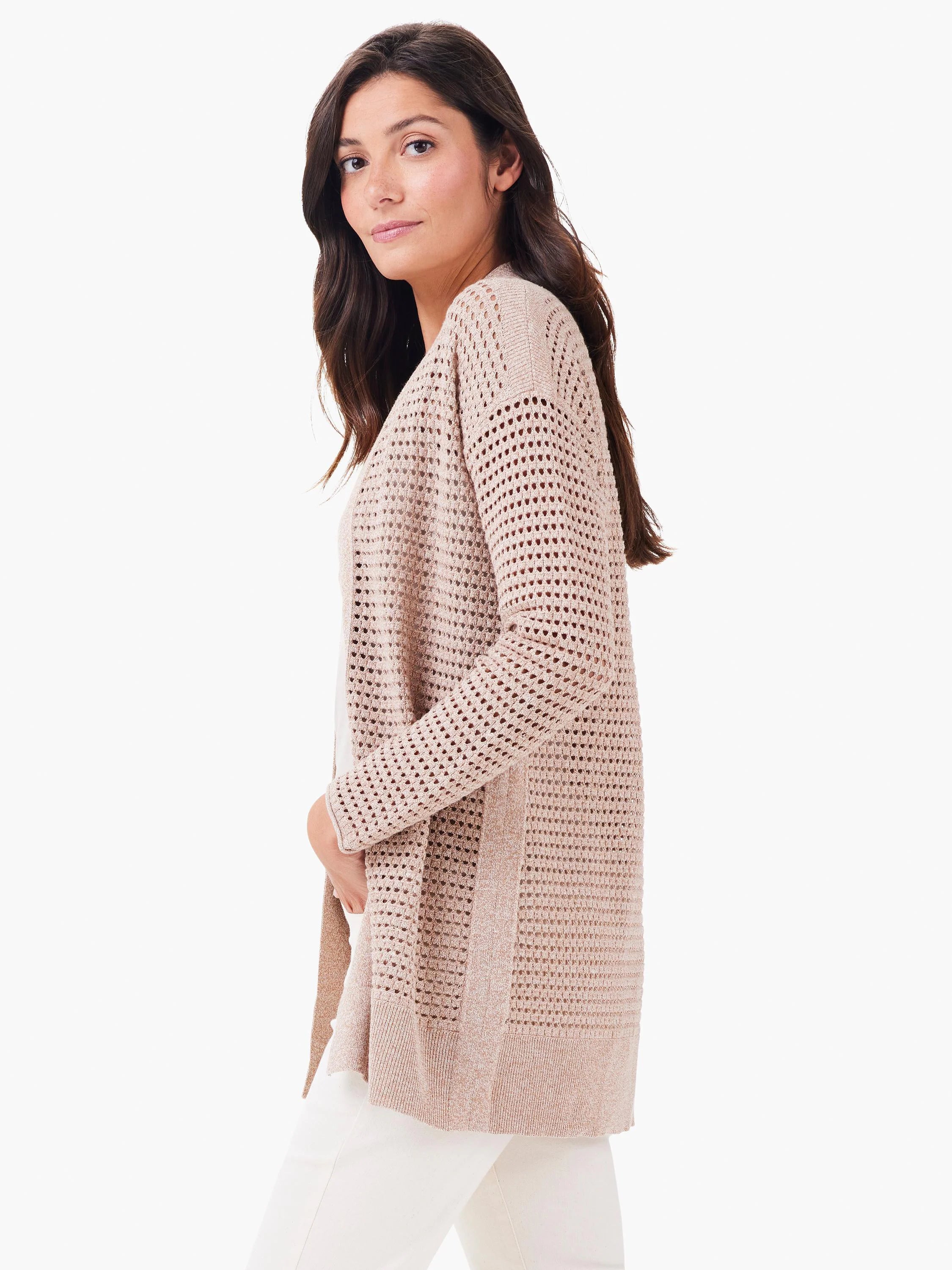 Beige open-front cardigan with a mesh pattern. Long sleeves, ribbed hem.