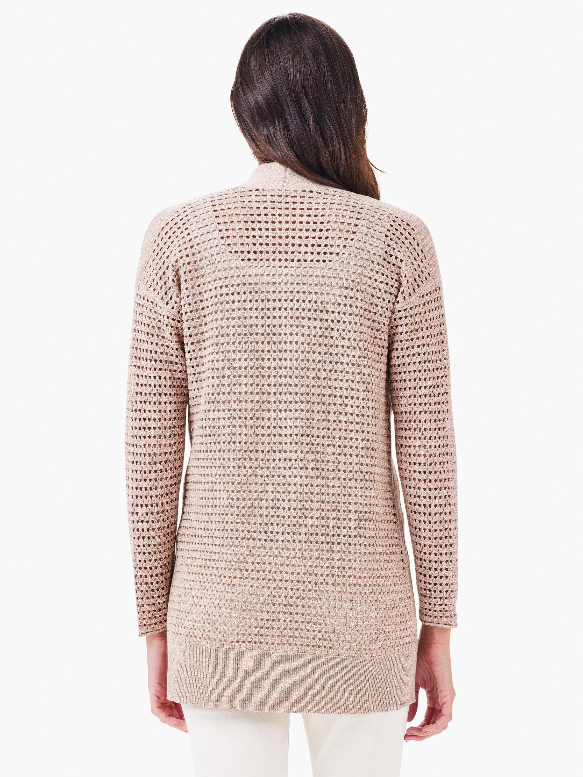 Beige open-weave cardigan, long sleeves, open front. Mesh pattern throughout.