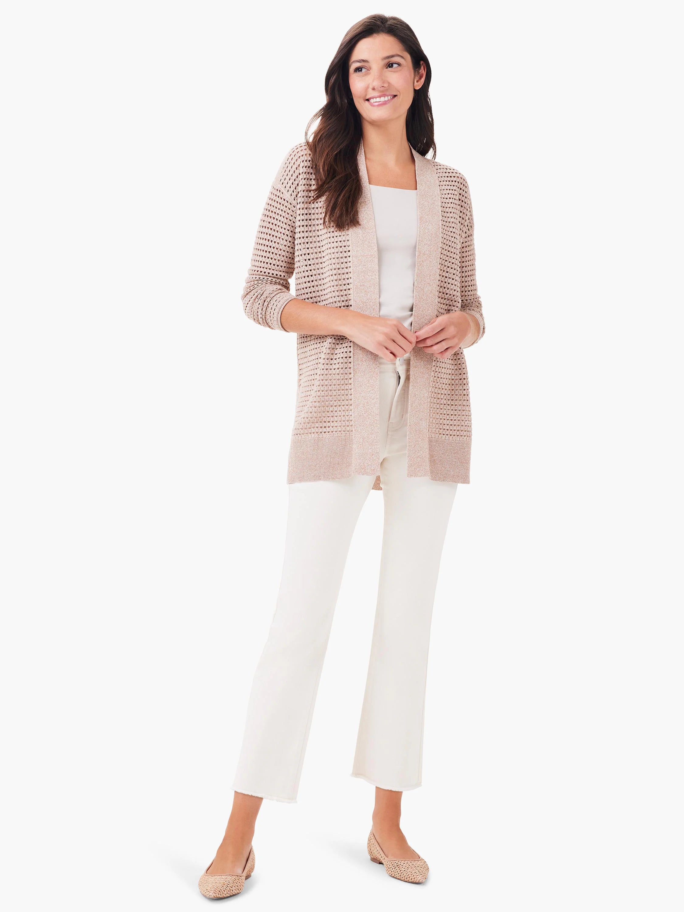Beige open-weave mesh cardigan. Long sleeves, open front.