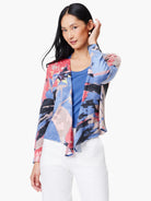 4-way cardigan in blue, pink, and gray abstract print.  Open front, asymmetrical hem.