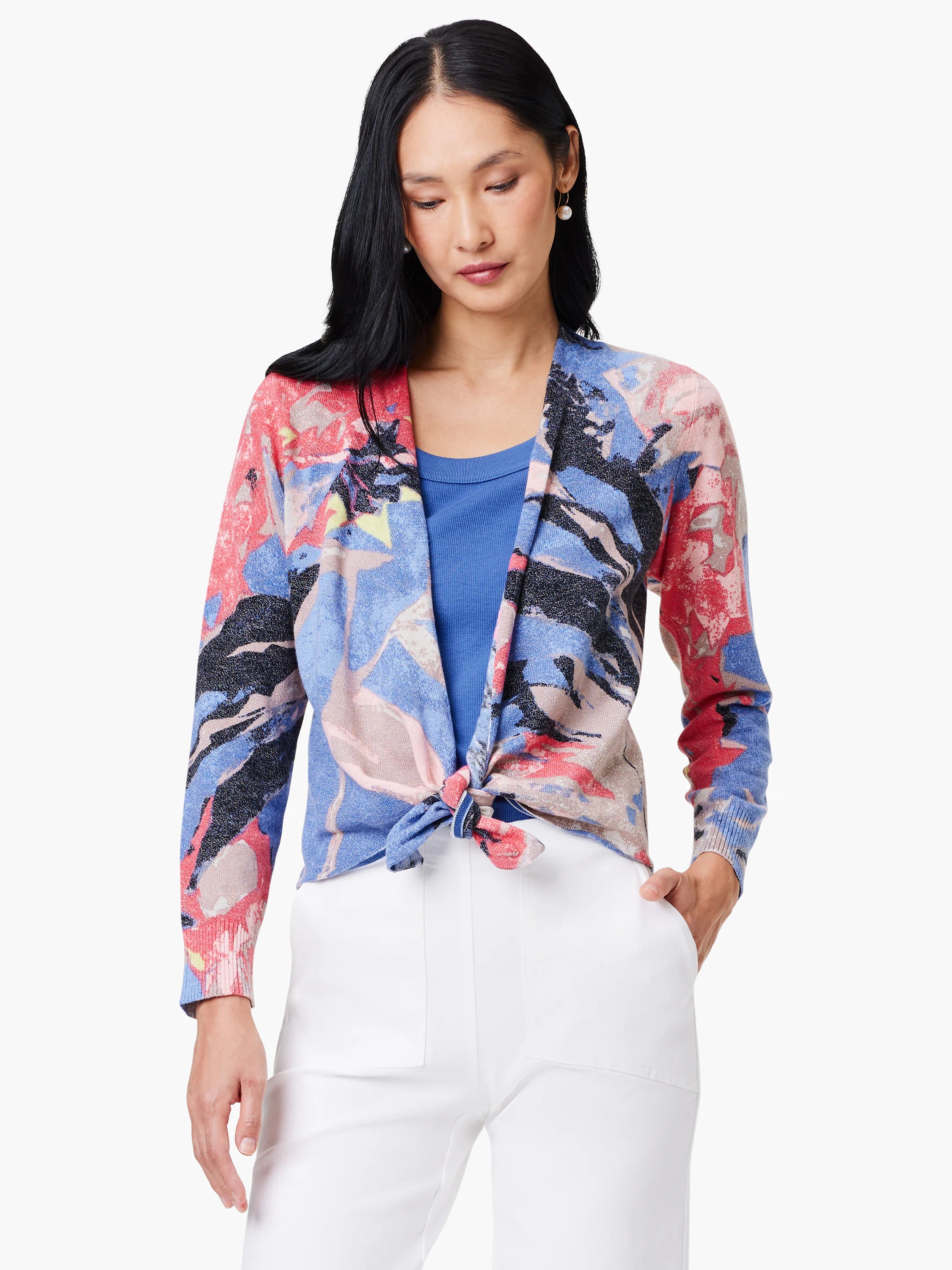 Abstract blue, pink, and red print 4-way cardigan;  front tie.