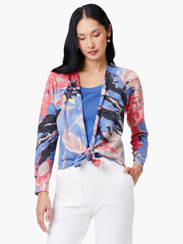 Abstract blue, pink, and red print 4-way cardigan; front tie.