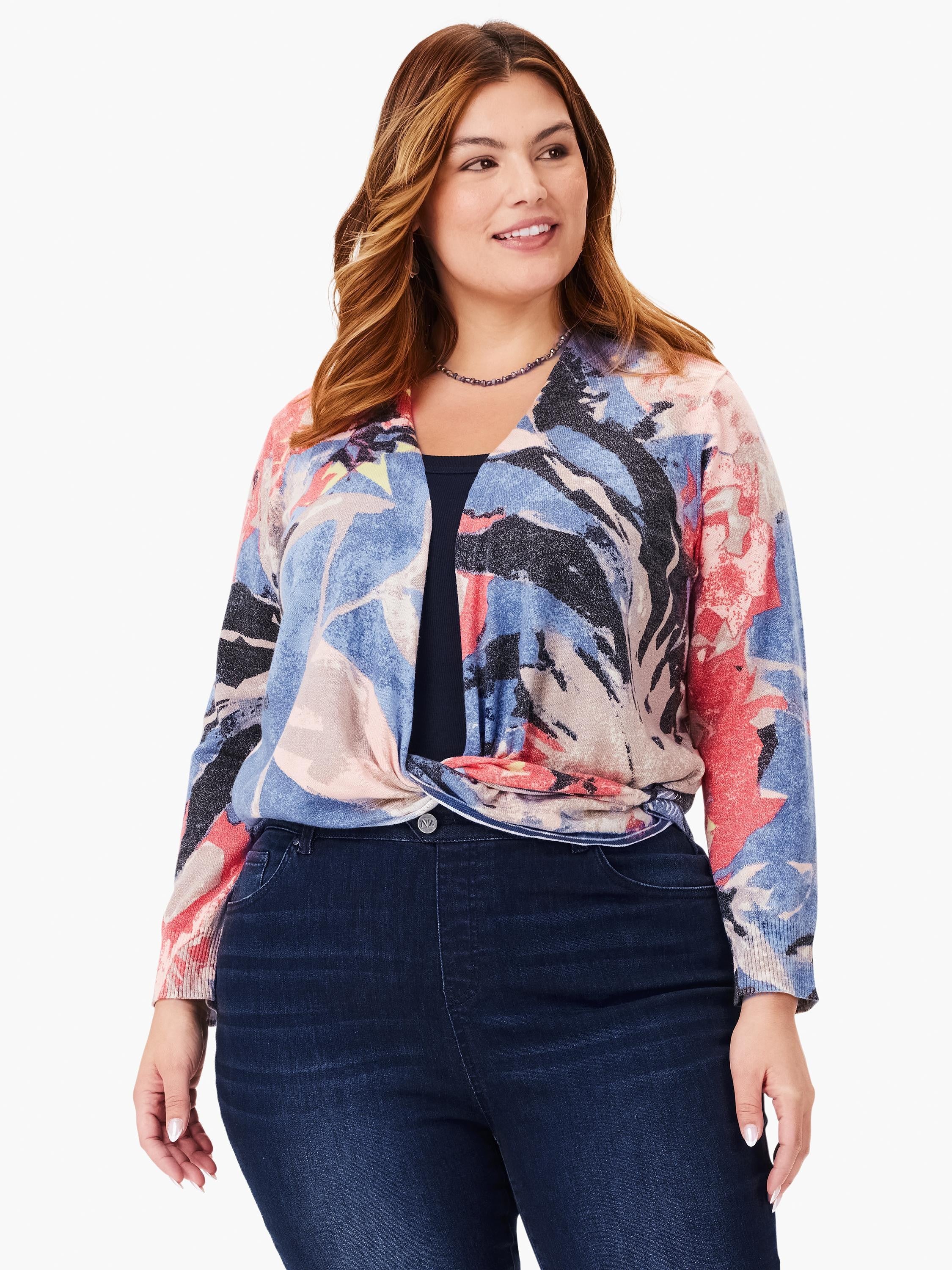 4-way cardigan with abstract blue, pink, coral, and gray print.  Front knotted. Long sleeves.