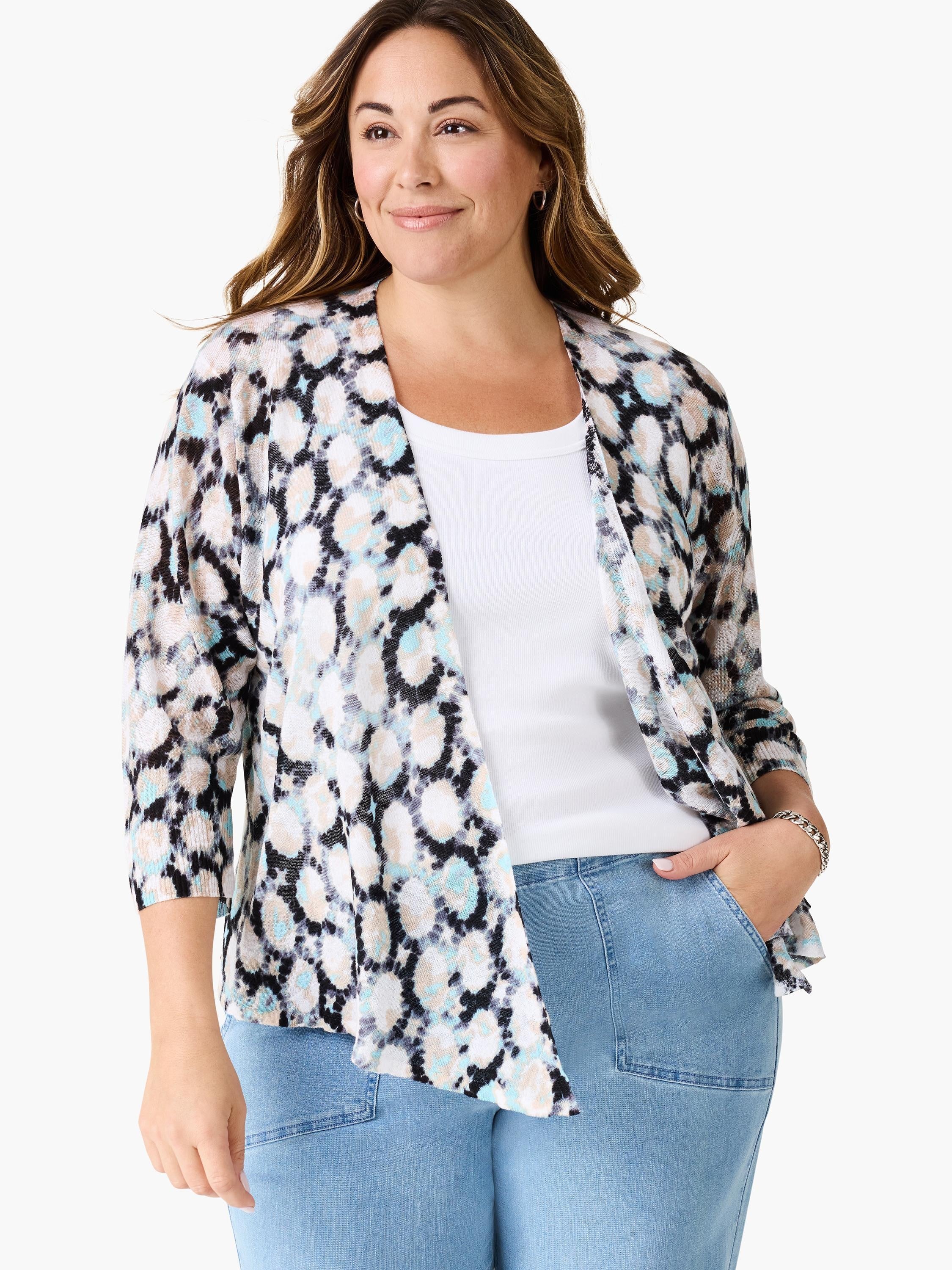 4-way cardigan in beige, black, and teal tie-dye pattern.  3/4 sleeves, open front.