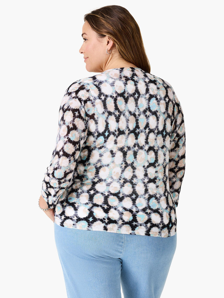4-way cardigan, beige, black, and teal tie-dye pattern, 3/4 sleeves.