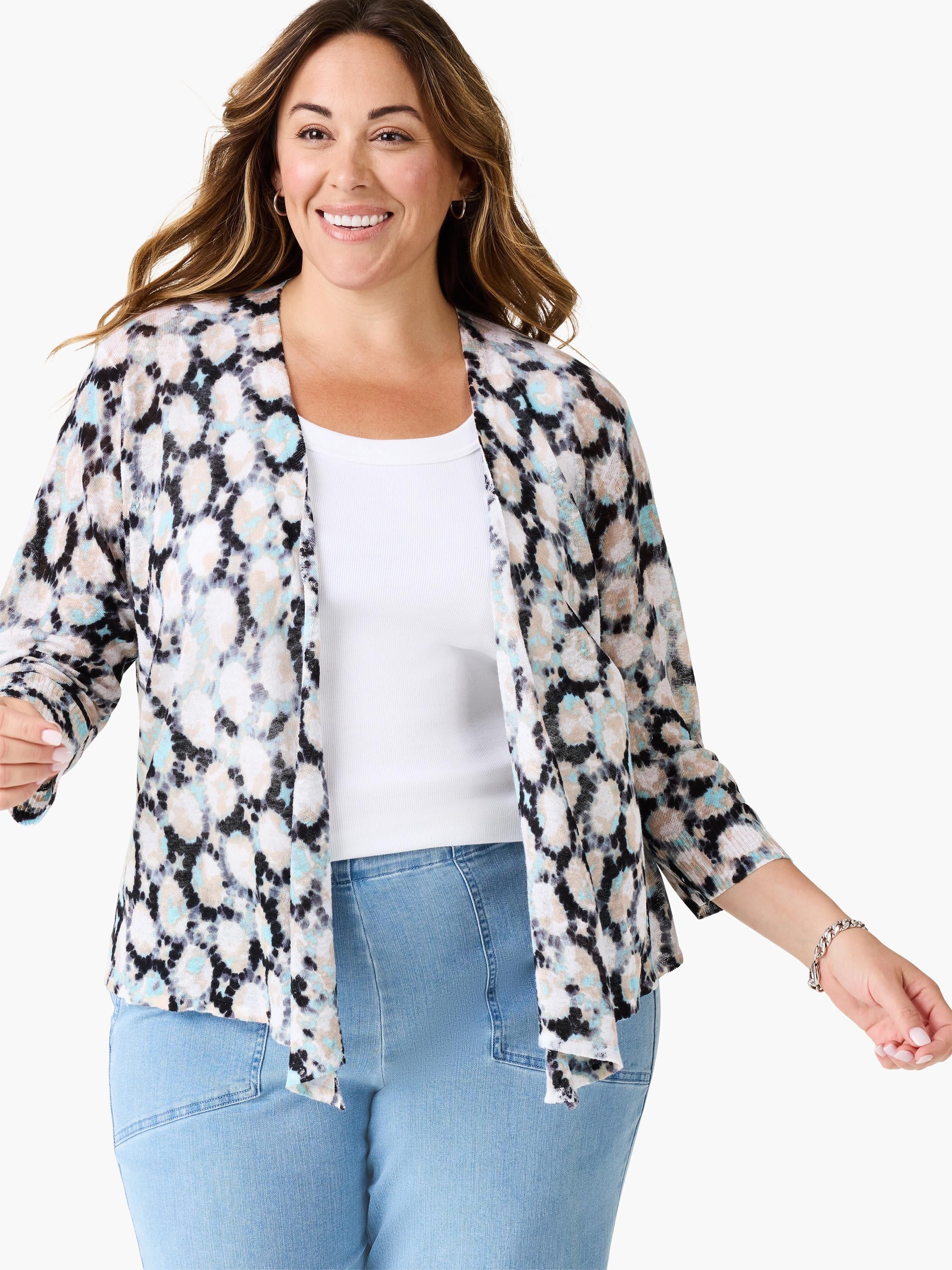 4-way cardigan; light blue, beige, black tie-dye pattern; 3/4 sleeves; open front.