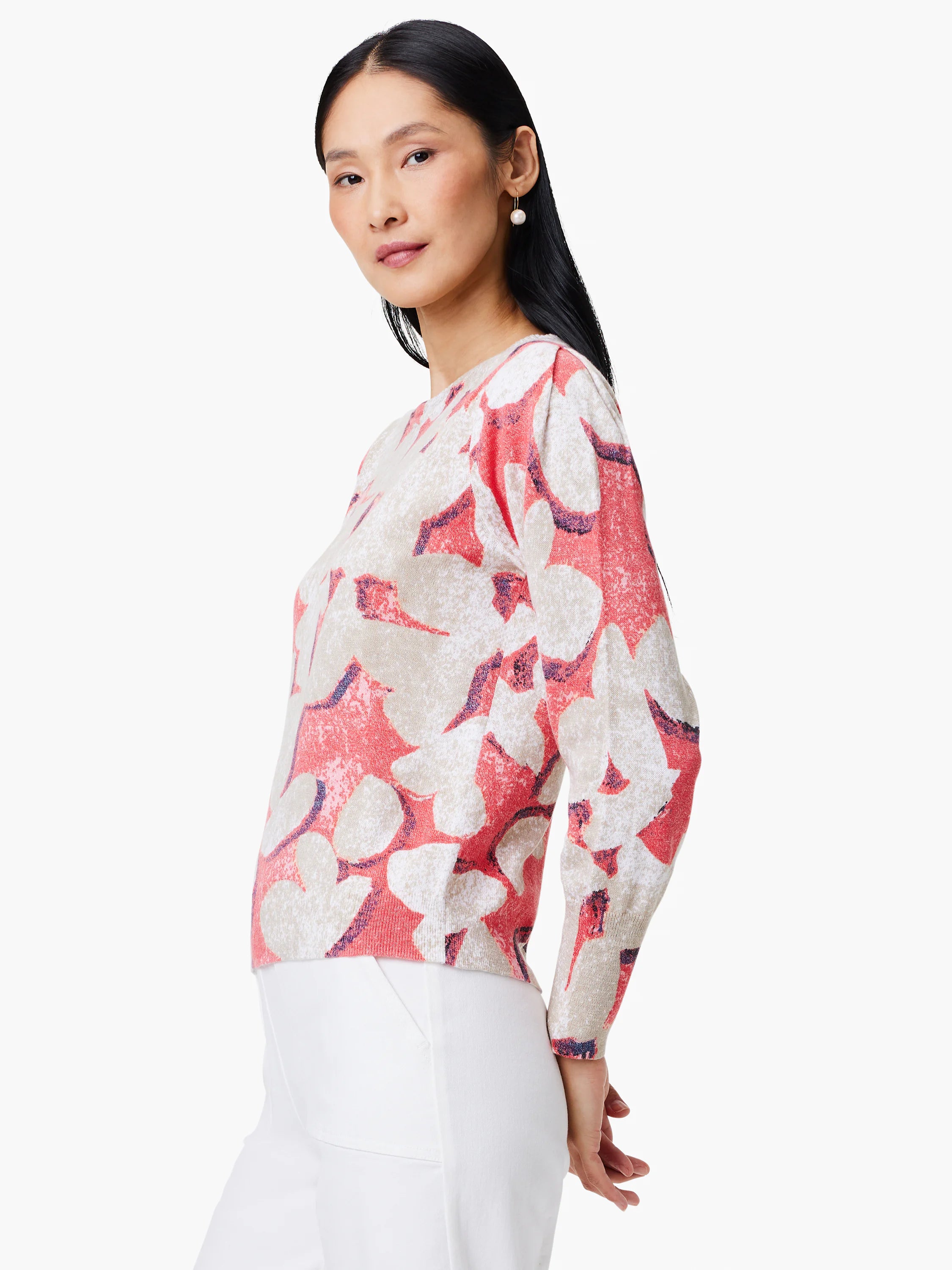 Coral and beige floral print sweater, long sleeves, relaxed fit.