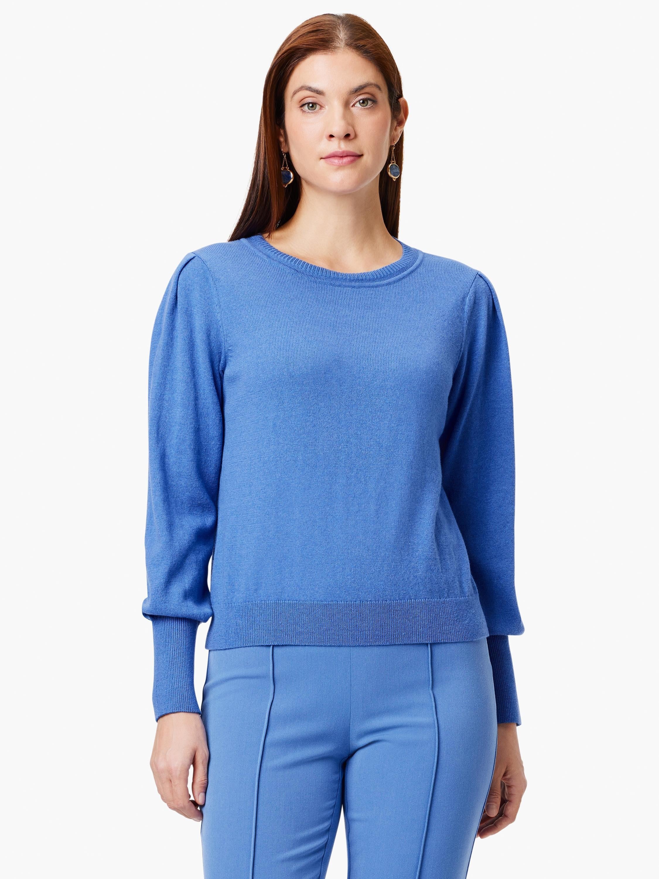 Bright blue sweater with a round neck, puffy long sleeves with ribbed cuffs, and a ribbed hem.