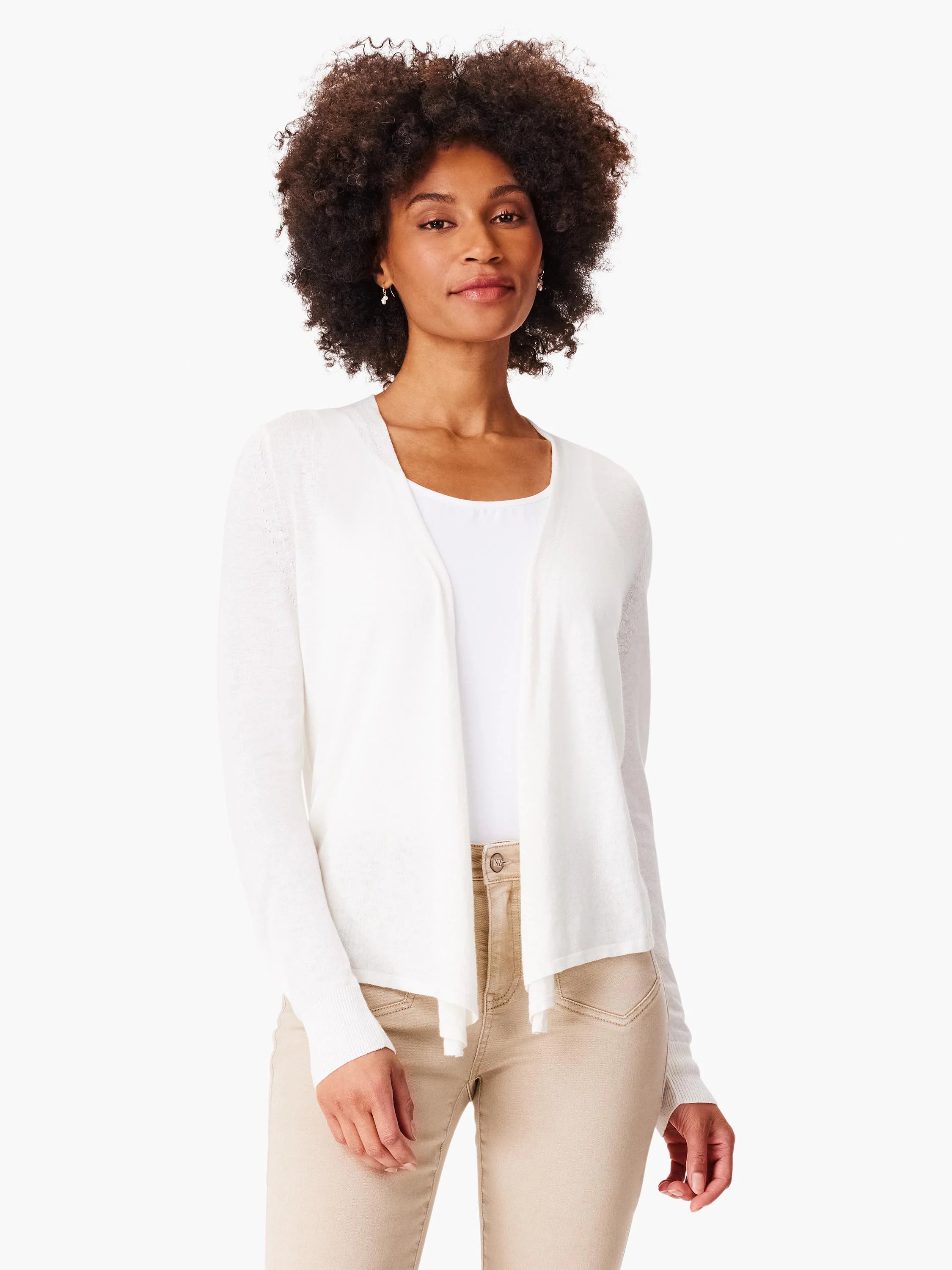 White open-front cardigan with draped front and long sleeves.
