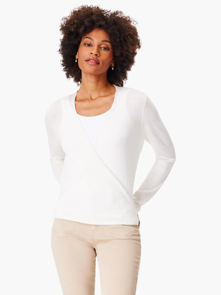 Cream long-sleeve cardigan styled as a wrap-front top with crossover panels.