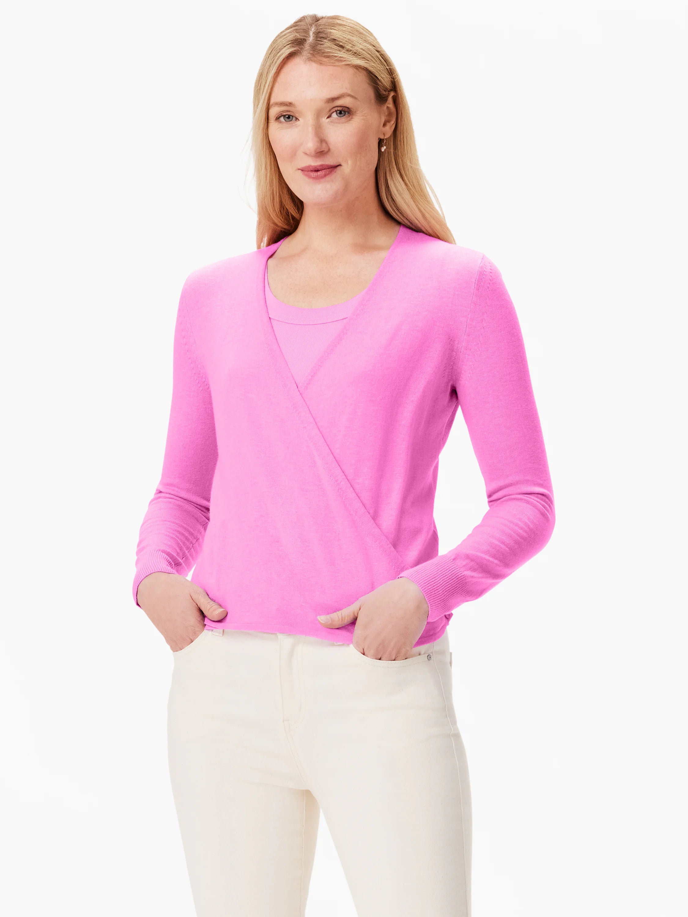 Bright pink wrap cardigan with V-neck, long sleeves, and ribbed cuffs.