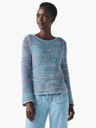 Blue, teal, beige mesh knit cardigan with boat neck, long sleeves, and ribbed trim.