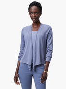 Periwinkle open cardigan with 3/4 sleeves and a draped, unstructured front.