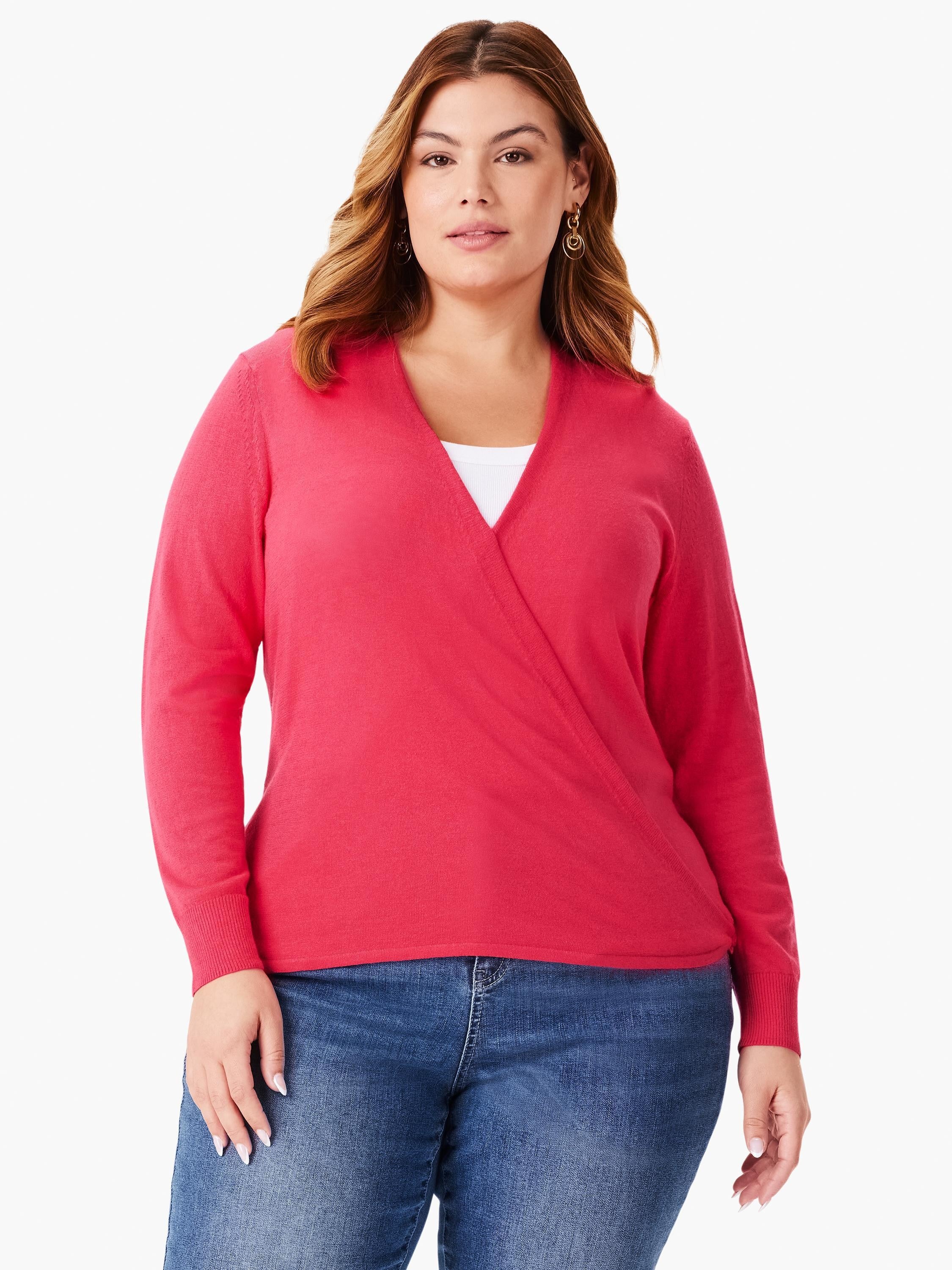 Coral pink, fine-knit wrap cardigan featuring a V-neck, long sleeves, and ribbed cuffs.