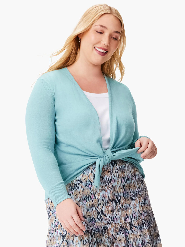 Light aqua long-sleeve cardigan, tied at the waist. Features a fine knit texture and open front design.