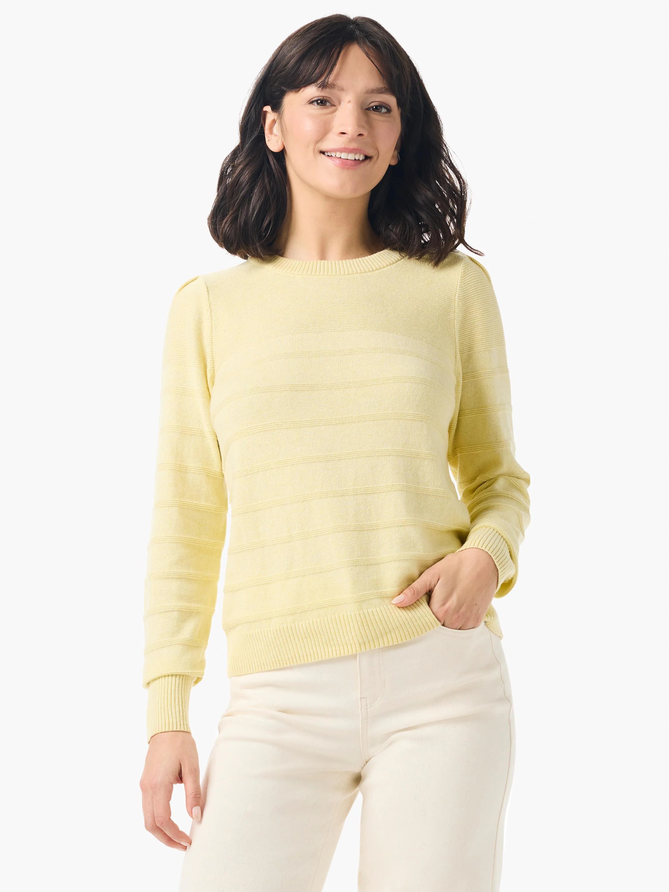 Pale yellow cashmere sweater with subtle horizontal stripes, round neck, and slightly puffed shoulders.