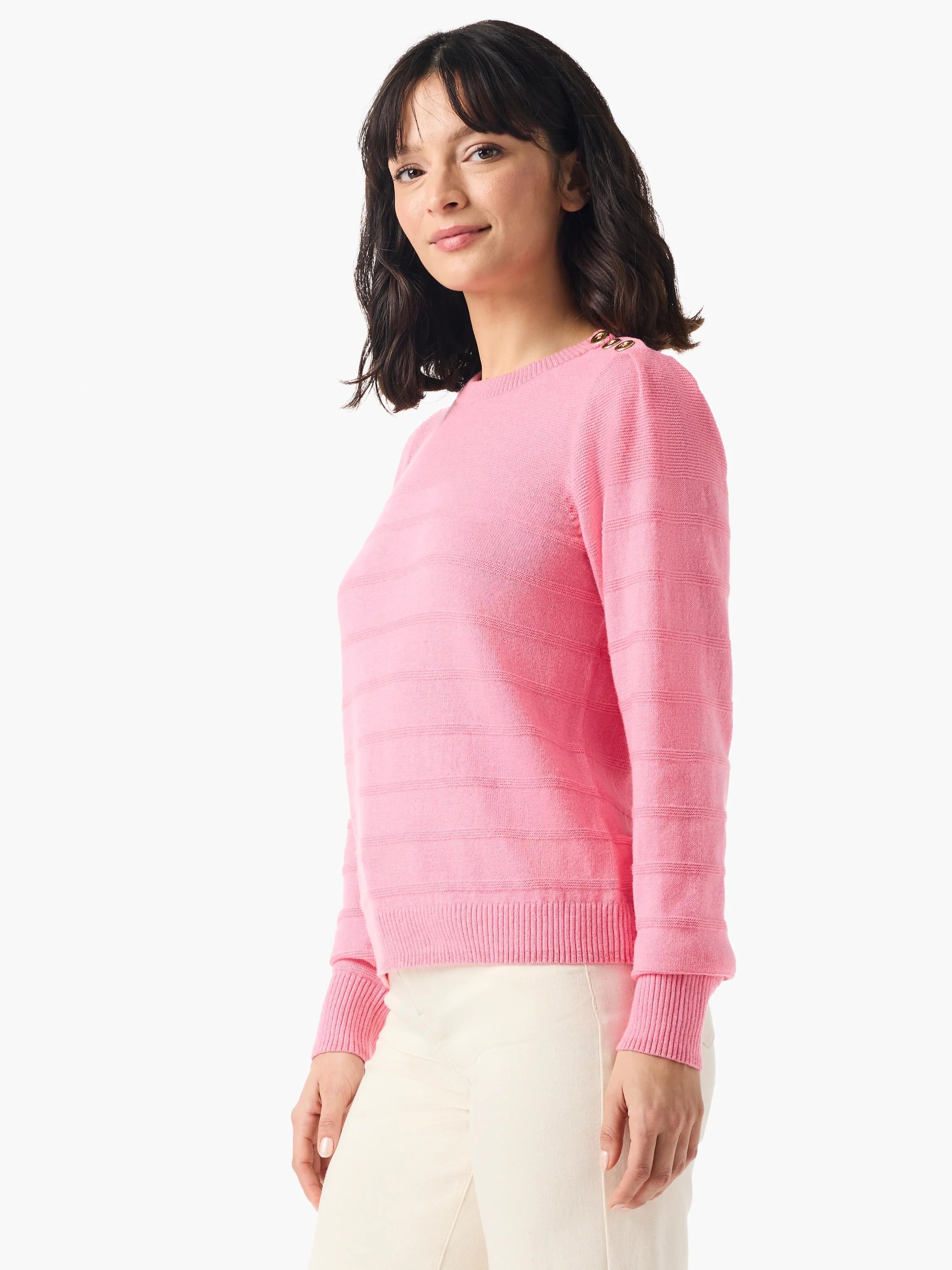 Pink cashmere sweater with subtle horizontal stripes and gold buttons on the shoulders. Long sleeves, crew neck.