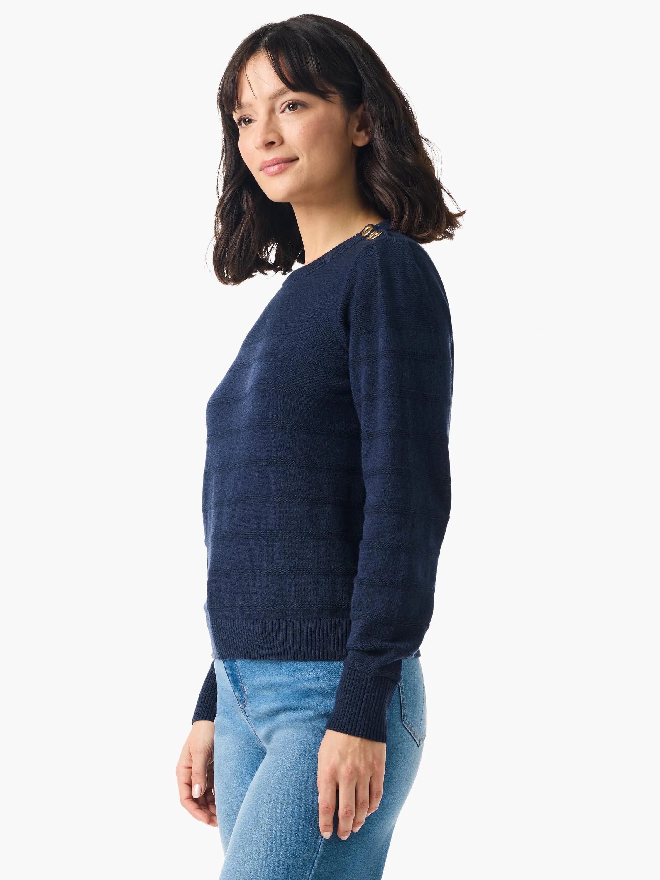 Navy blue, horizontally striped cashmere sweater. Features button details on shoulders.