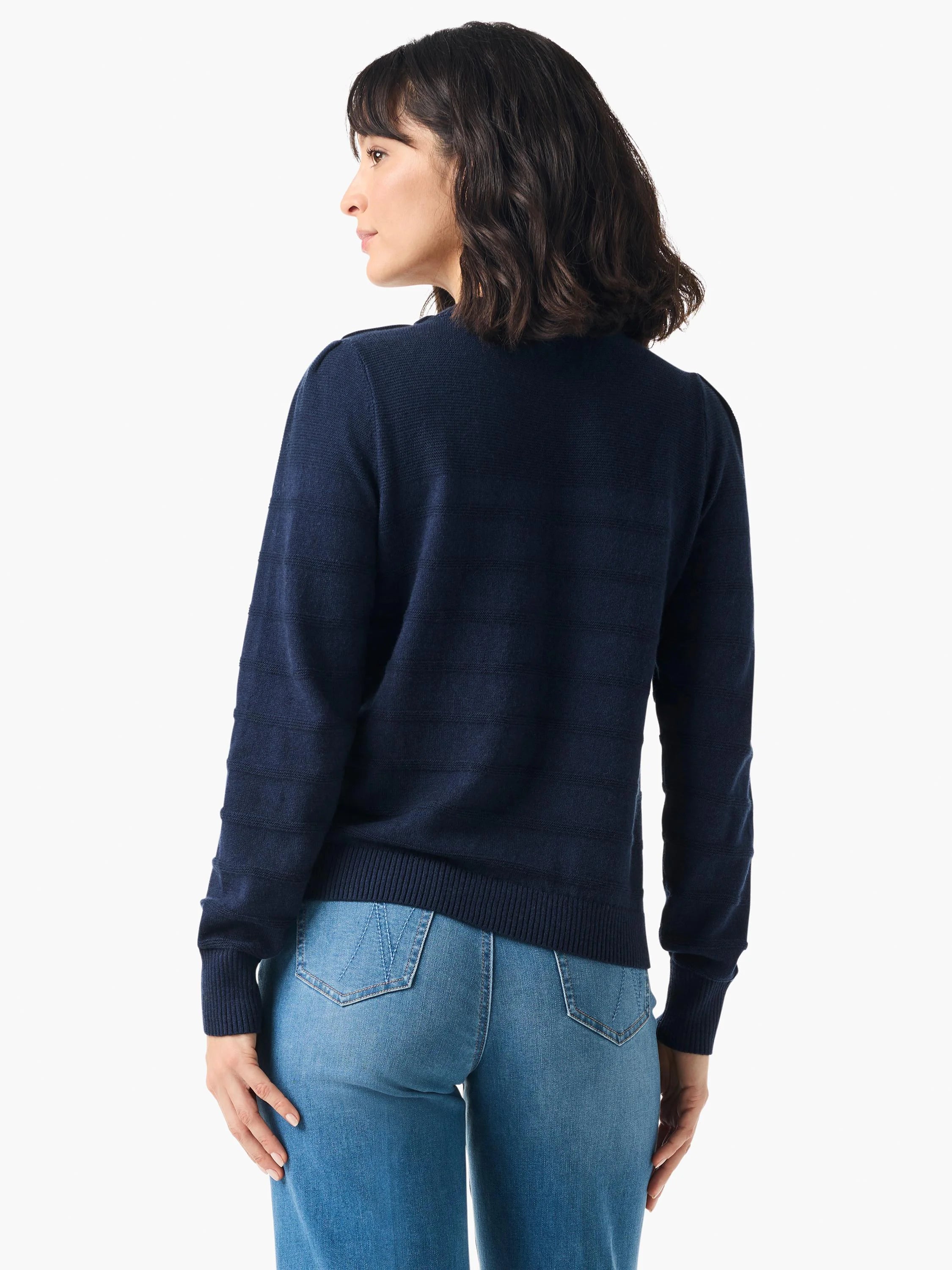 Dark navy blue, long-sleeved cashmere sweater with subtle horizontal stripes. Ribbed cuffs and hem.
