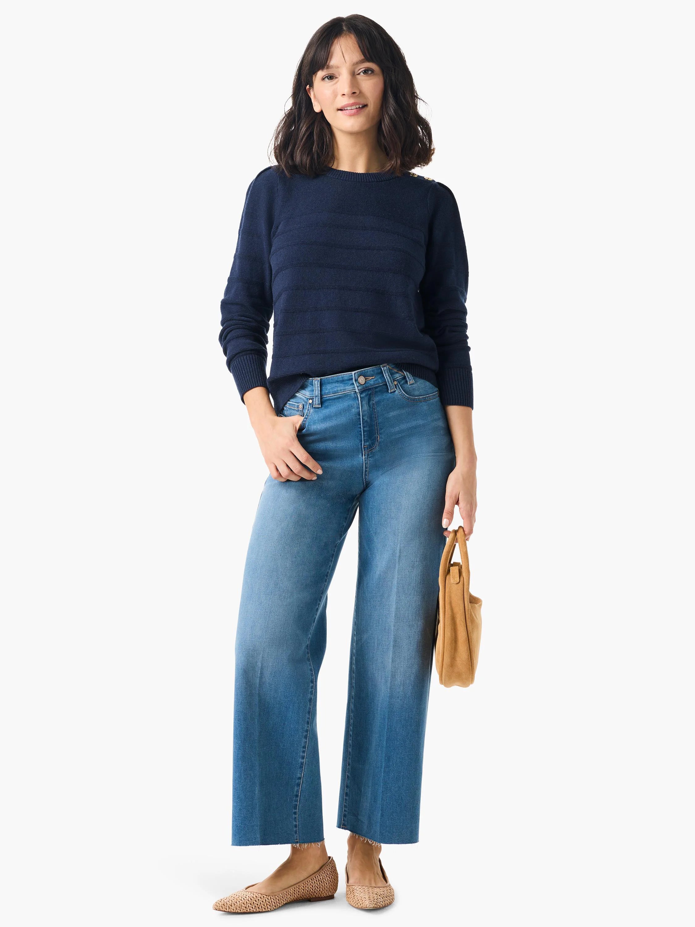 Navy blue cashmere sweater with subtle horizontal stripes and gold buttons on the shoulders.