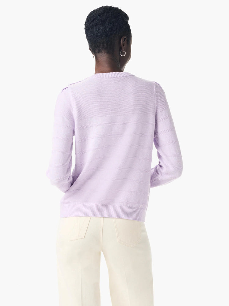 Here's alt text for the image, suitable for visually impaired users:
"Lilac cashmere sweater, long sleeves, ribbed...