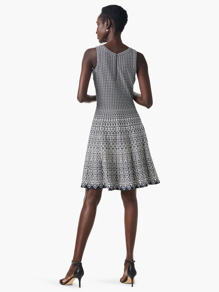 Here's alt text for the image, under 125 characters:
"Sleeveless A-line dress, navy and white geometric pattern. Back view.