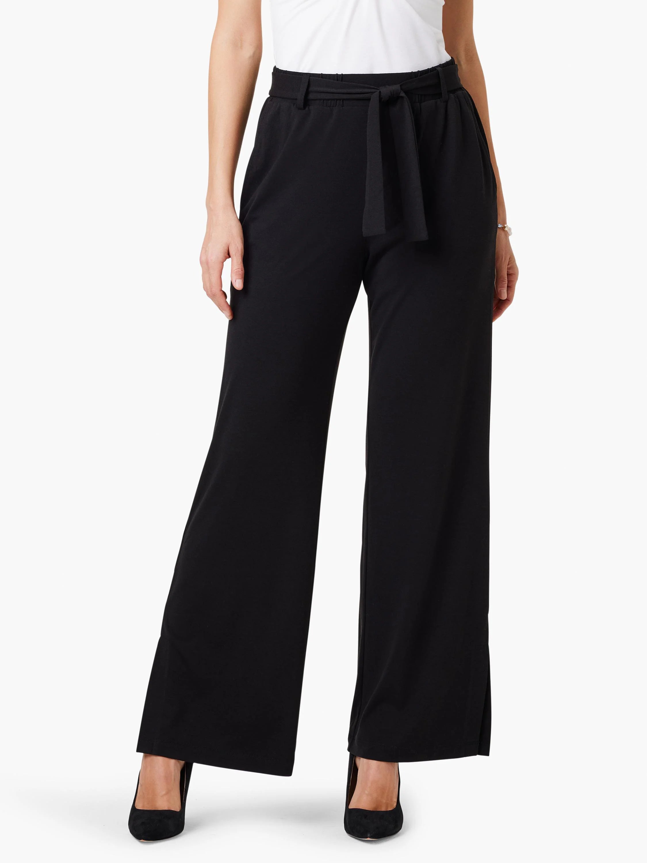 Black wide-leg pants with a self-tie belt. Side slits at hem.