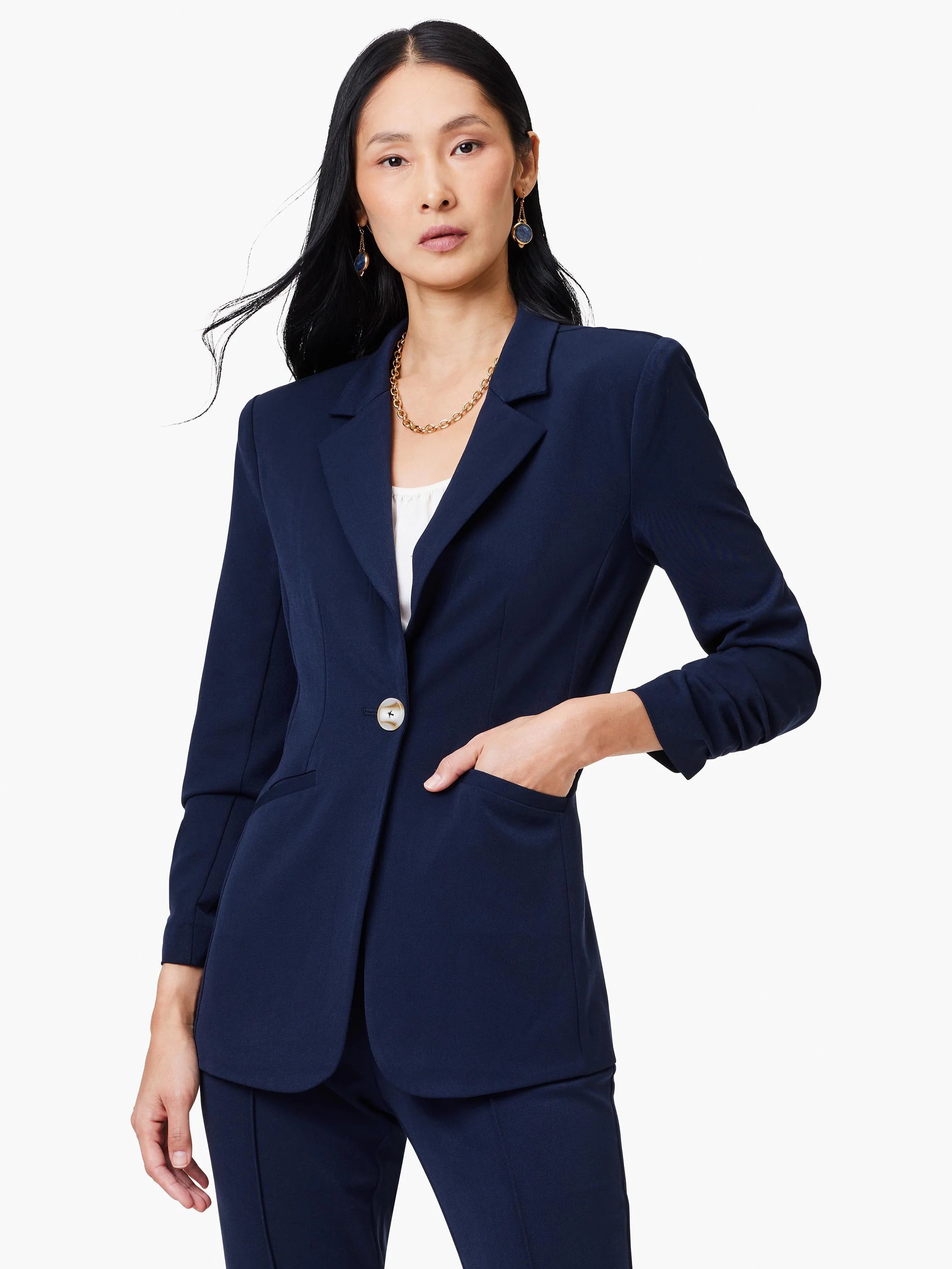 Navy blue blazer, single button, scrunch sleeves, notched collar, front pockets.