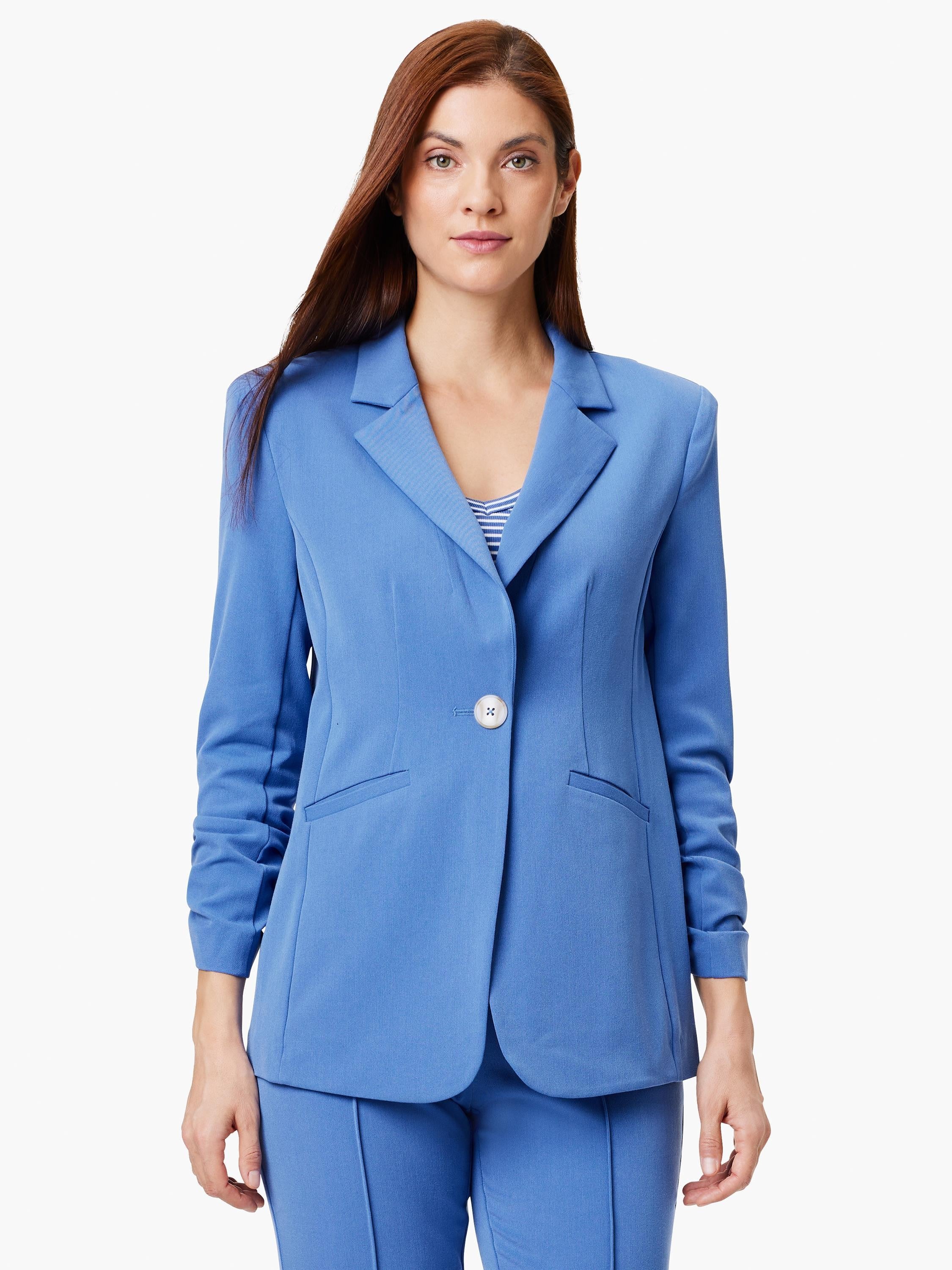 Here's alt text for the image, under 125 characters:
"Solid blue blazer with scrunch sleeves, single button closure, and...