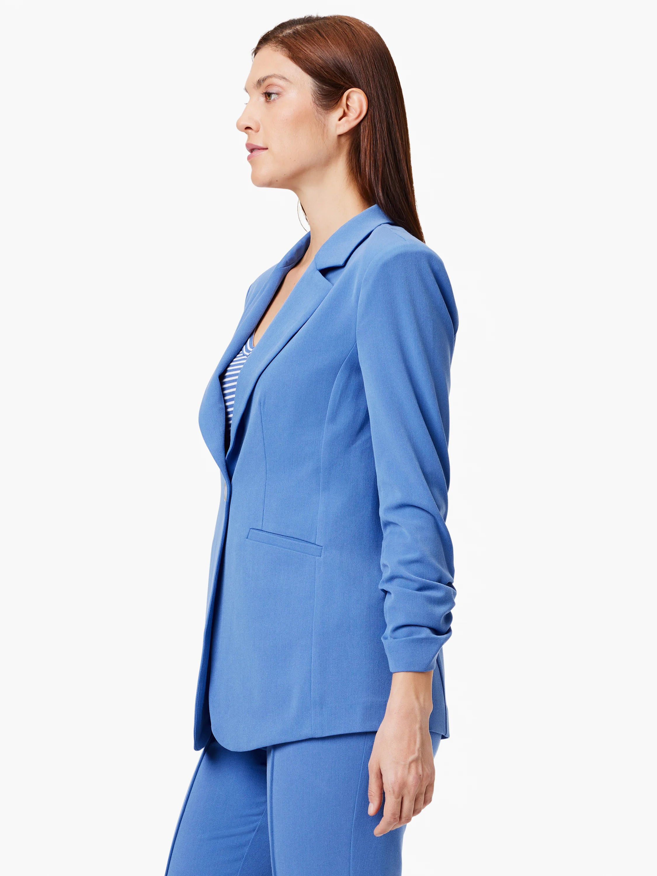 Solid blue blazer, long sleeves with slight scrunch at cuffs, notched collar, single-breasted.