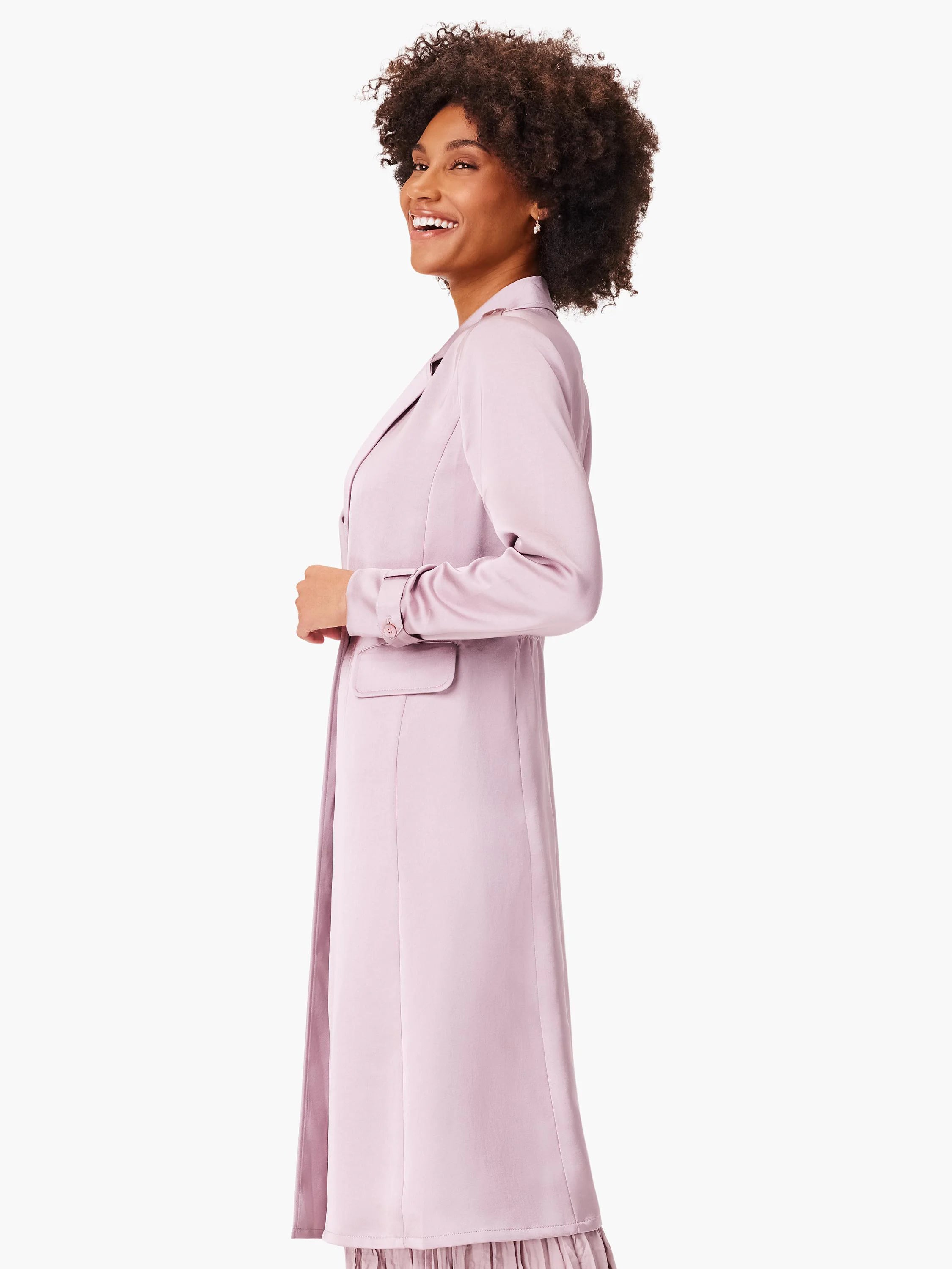 Light purple, long-sleeved trench coat; belted waist, long, straight silhouette.