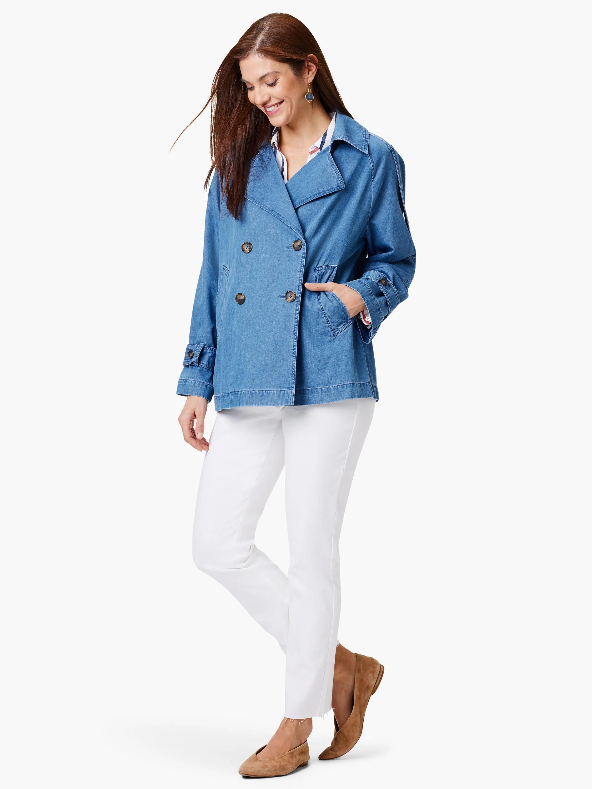 Light blue denim trench coat, double-breasted, with dark buttons.