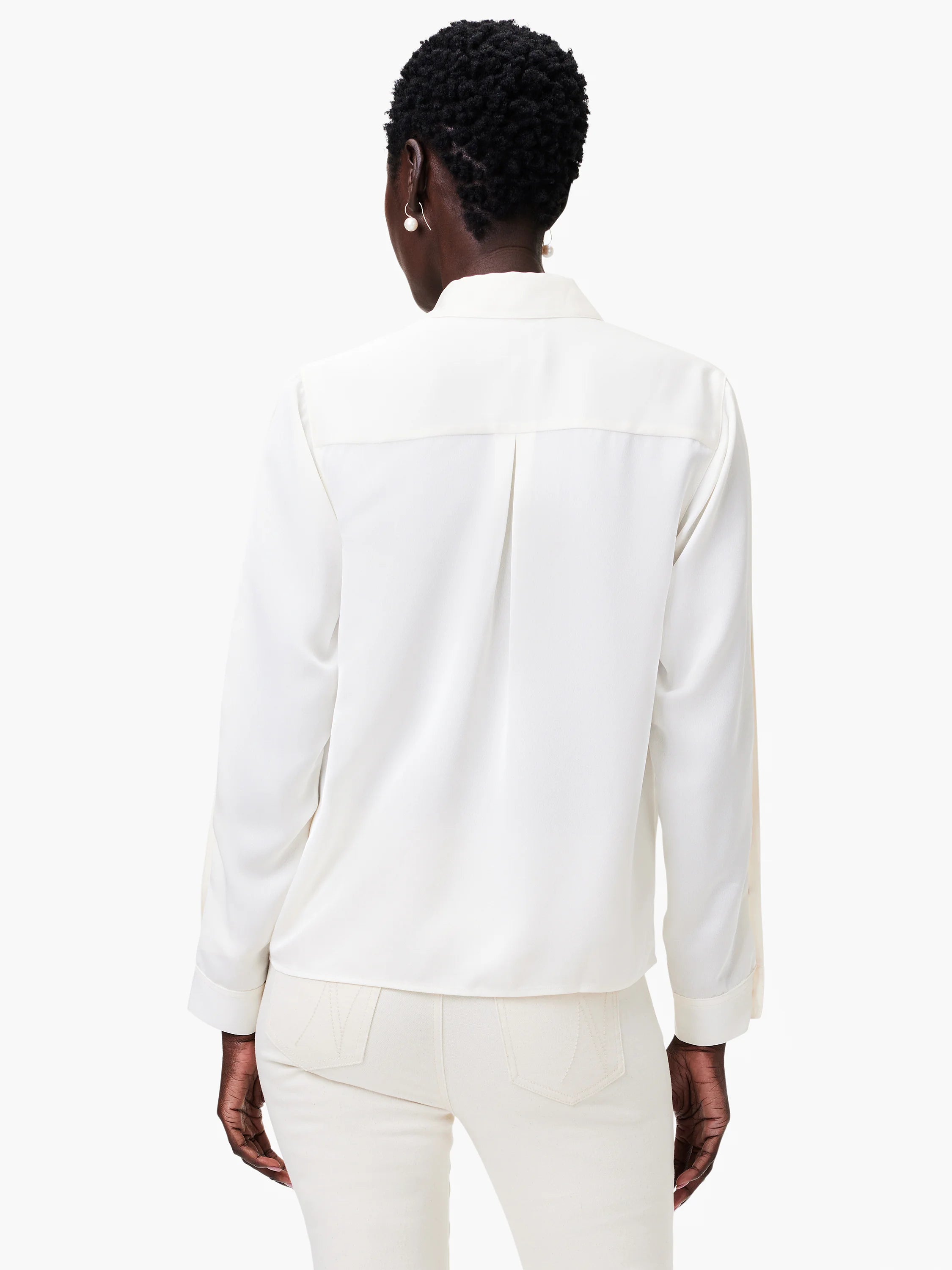 Off-white satin chiffon shirt; long sleeves, collared, back view.