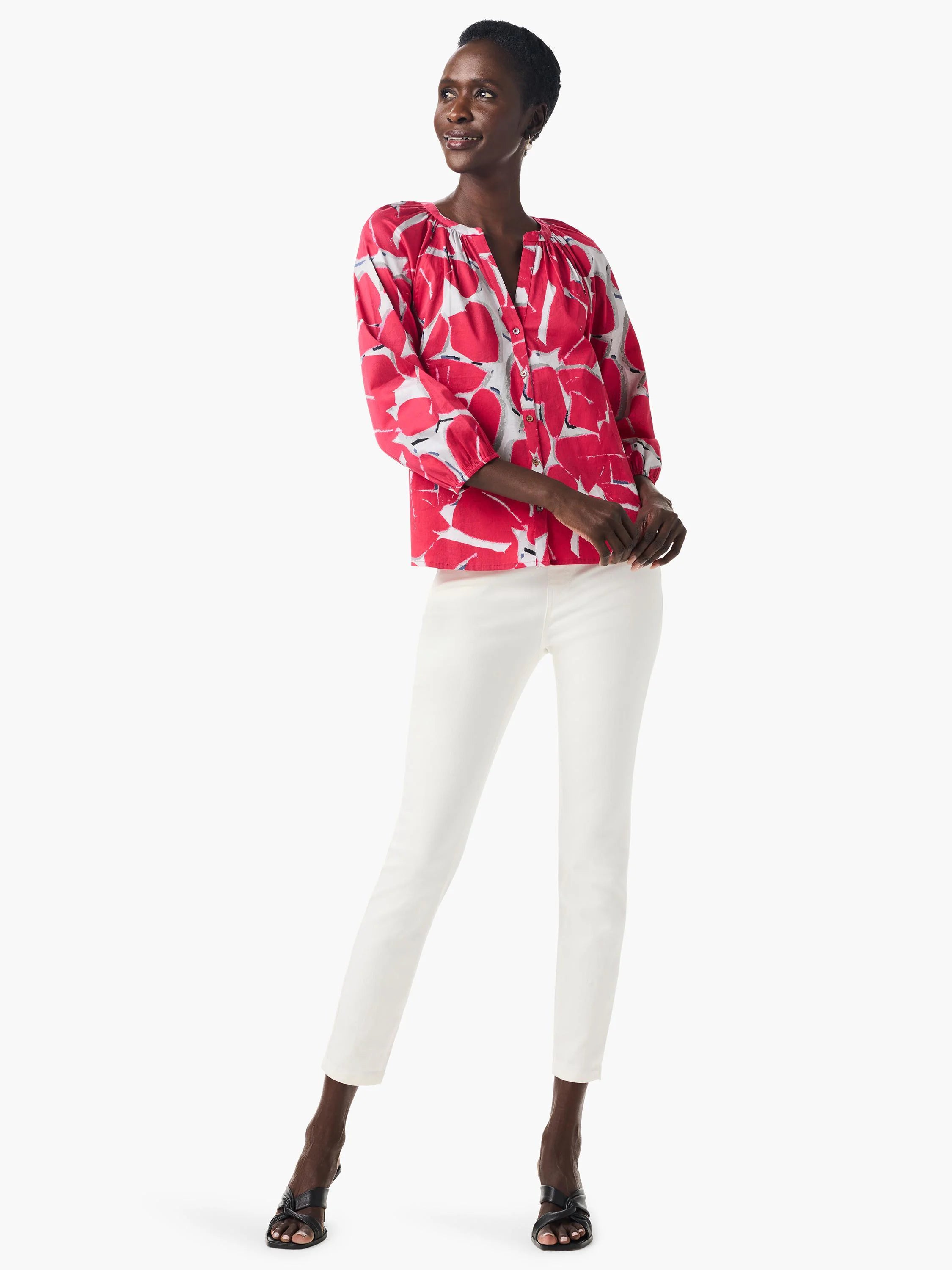 Pink shirt with gray and white abstract floral print, three-quarter sleeves, button front.