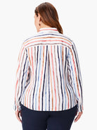 Painted-style white top with vertical stripes in navy, light blue, terracotta, and brown. Horizontal stripes on upper back.